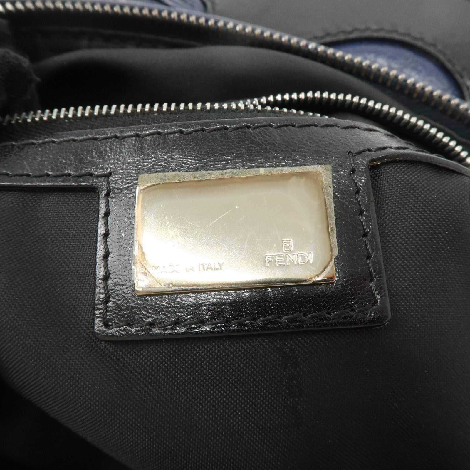 FENDI Leather Shoulder Bag Navy Black Silver HDW 8BR293 Used