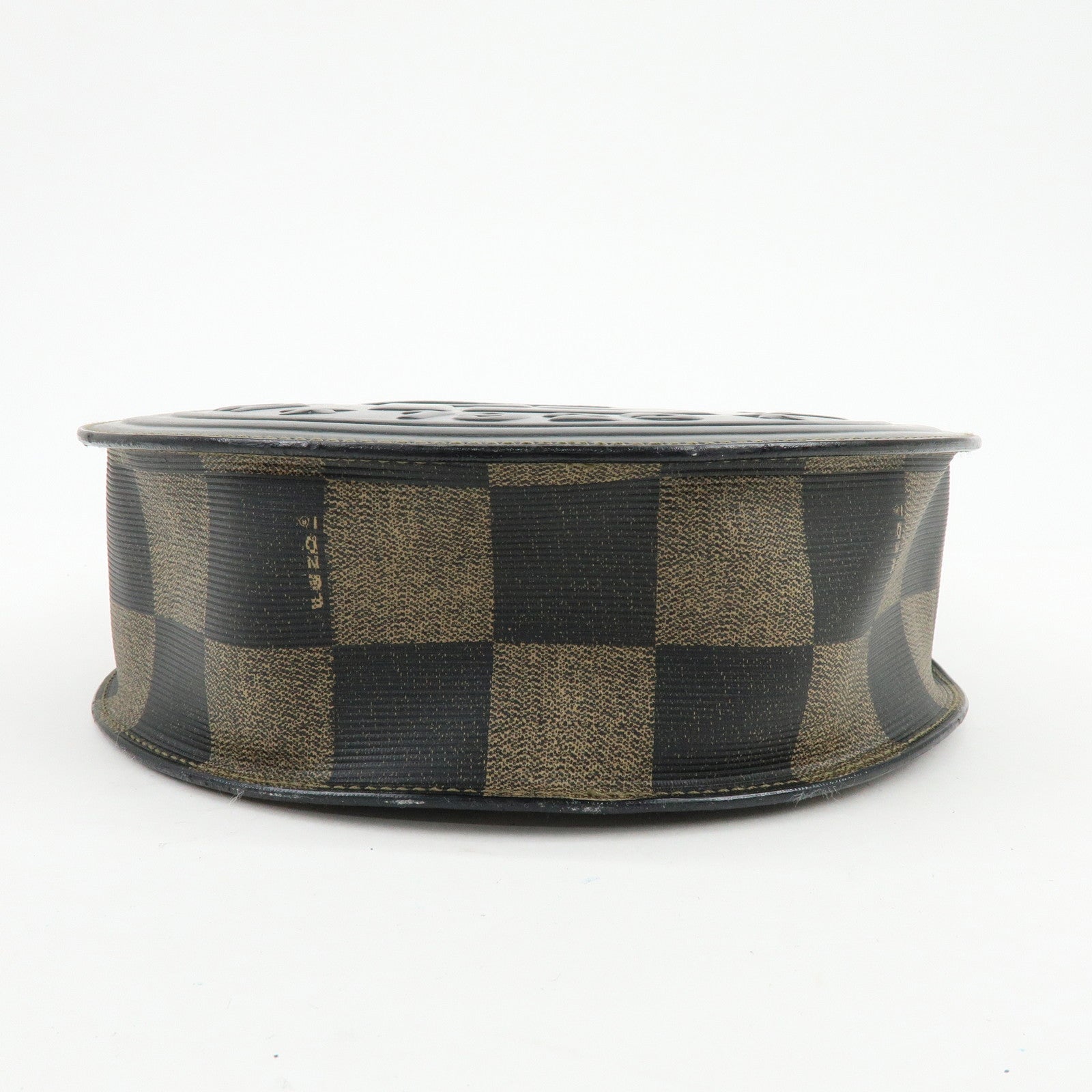 FENDI Leather PVC Round Shoulder Bag Checker Pattern Black Brown