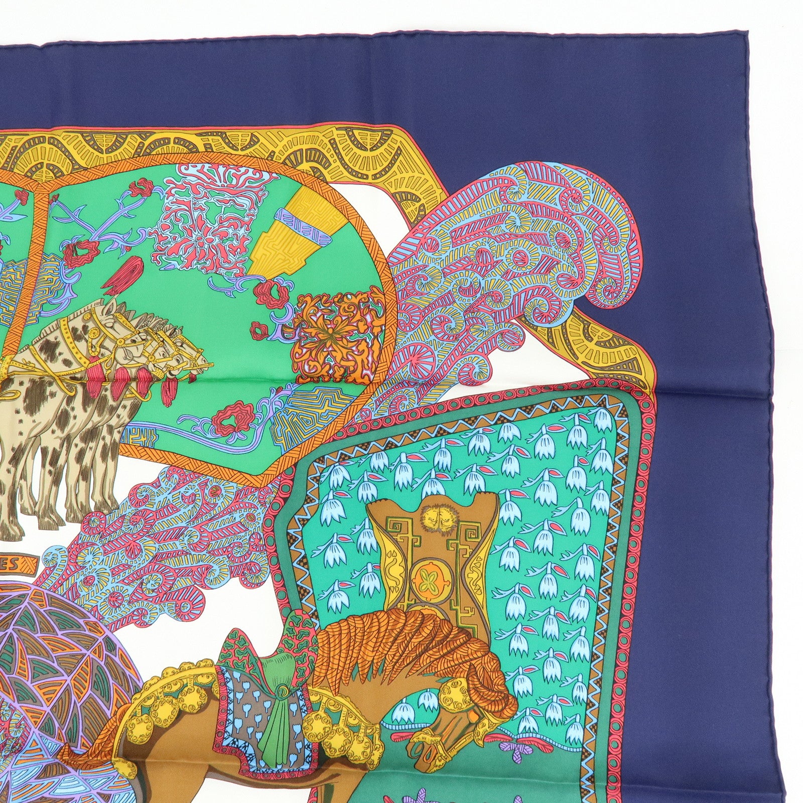 HERMES Carre 90 Silk 100% Scarf ART des STEPPES Horse Print Navy