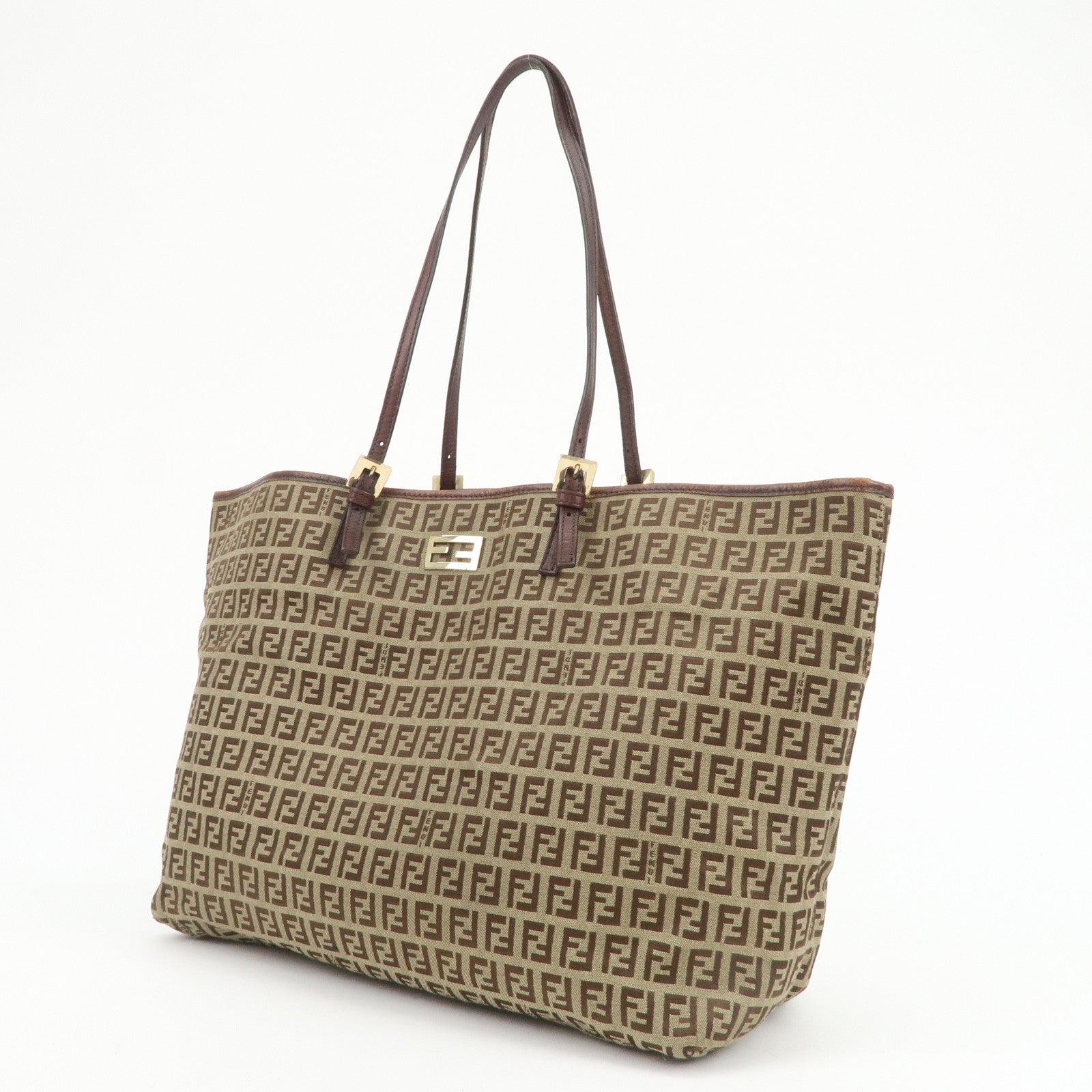 FENDI Zucchino Canvas Leather Tote Shoulder Bag Beige Brown 8BH127