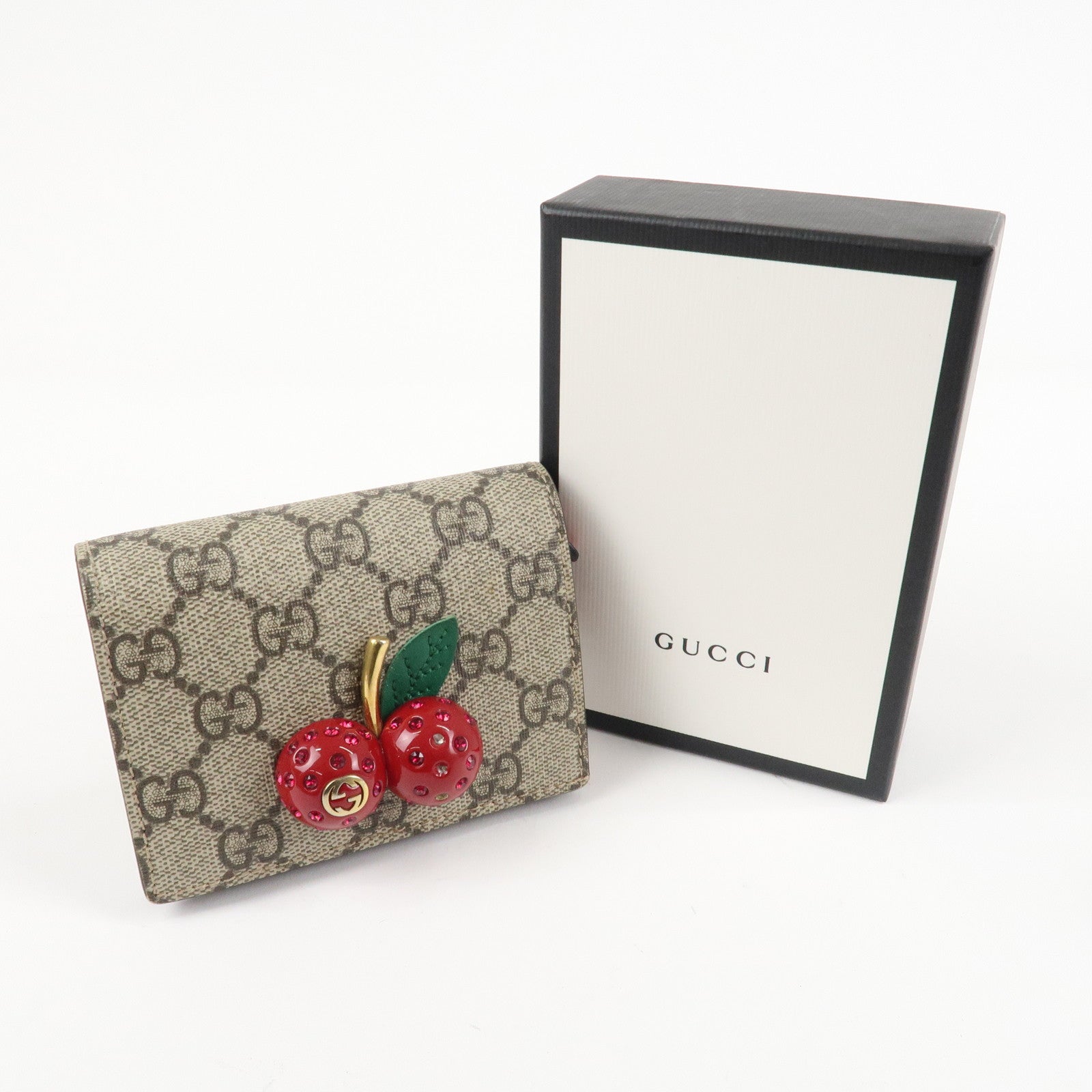 GUCCI Interlocking G GG Supreme Cherry Compact Wallet Beige 476050 Used
