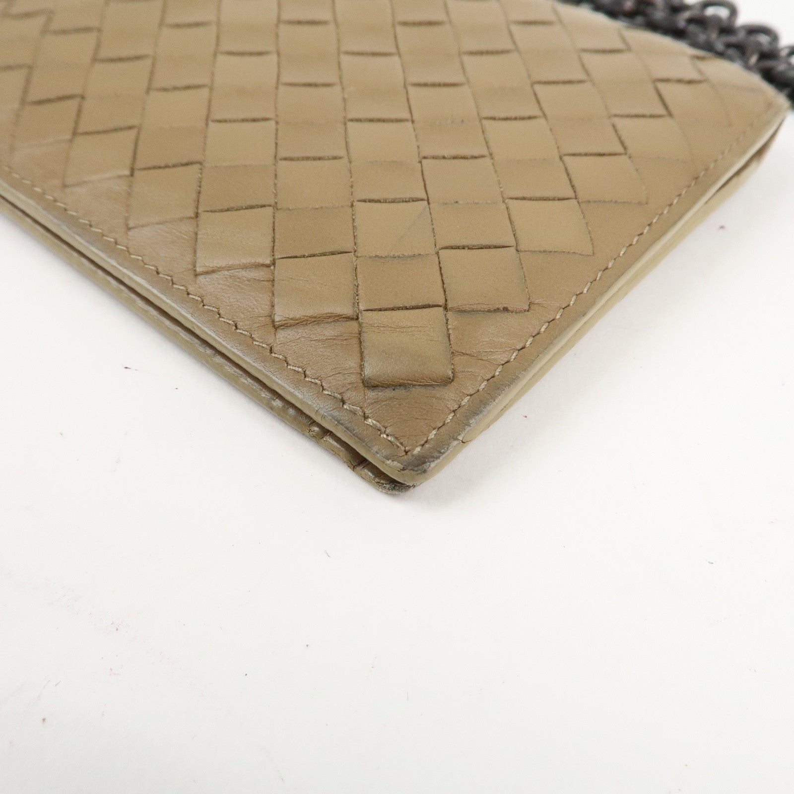 BOTTEGA VENETA Intrecciato Leather Chain Wallet Mini Wallet Beige Used