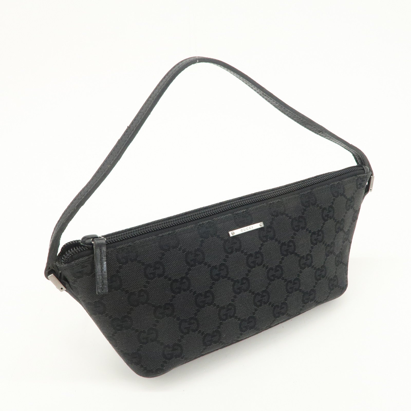 GUCCI Logo GG Canvas Leather Boat Bag Hand Bag Black 07198