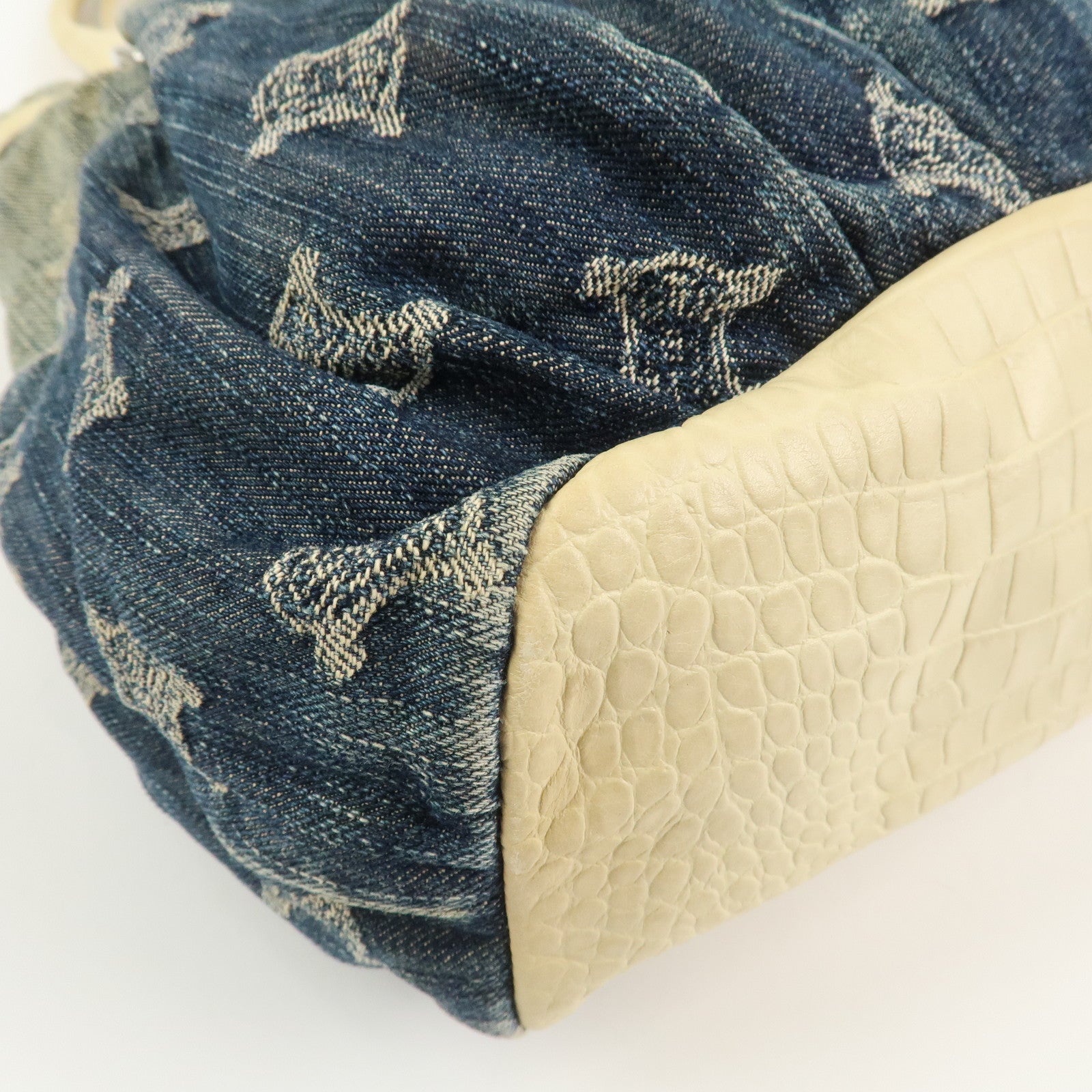 CELINE Macadam Denim Emboss Leather Tote Bag Hand Bag Blue Ivory