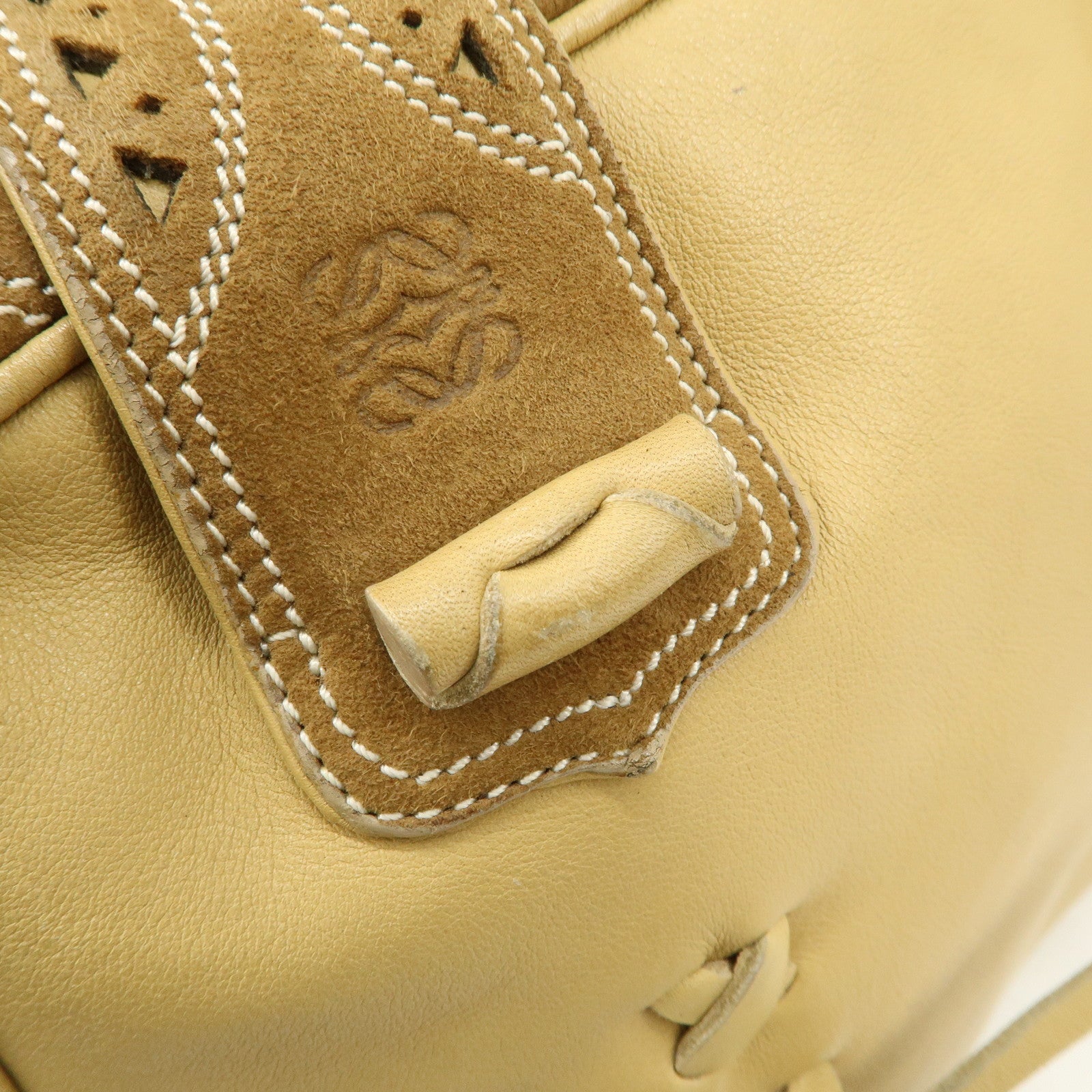 LOEWE Anagram Leather Suede Punching Boston Bag Beige Used