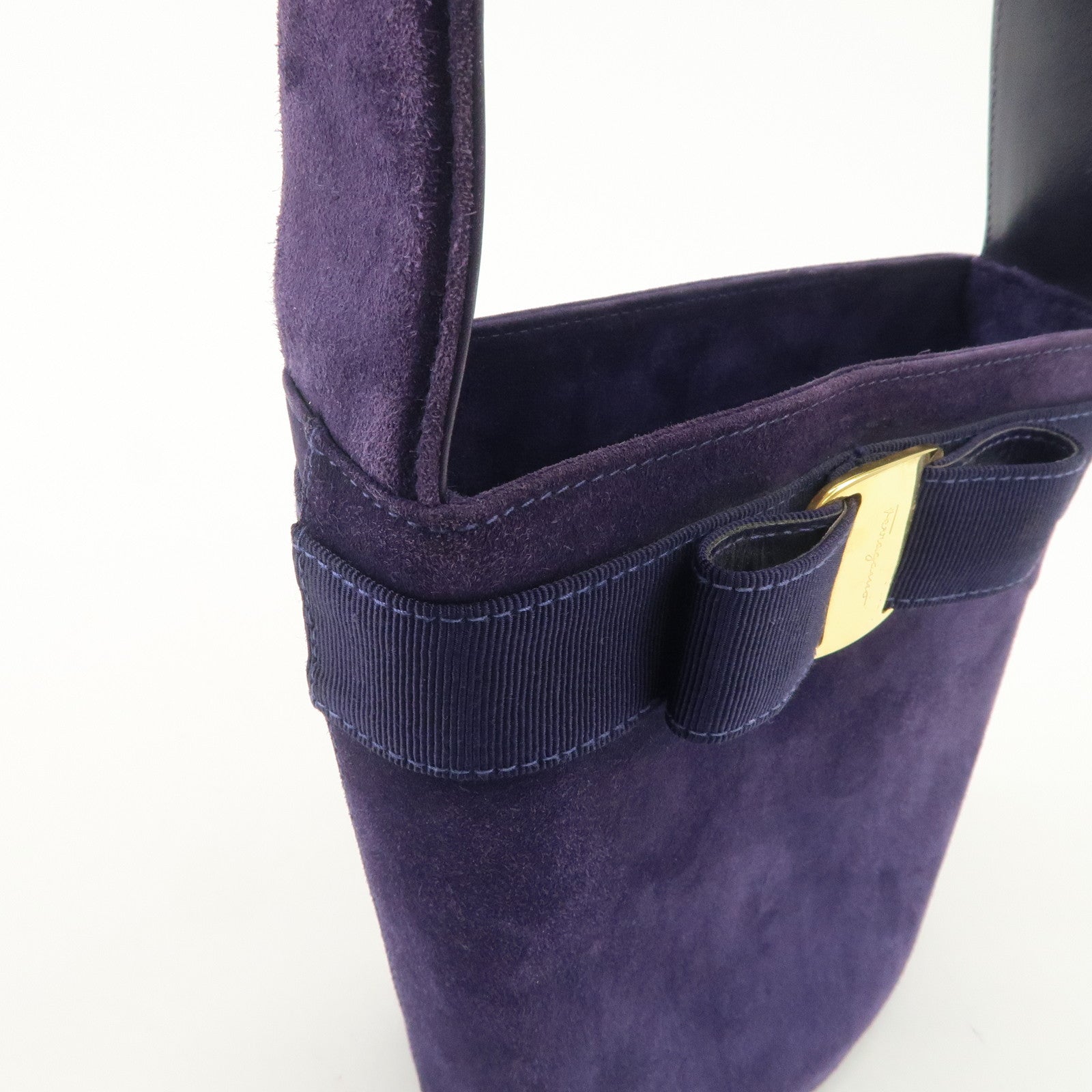 Ferragamo Vara Ribon Suede Hand Bag Purple Gold Hardware Used