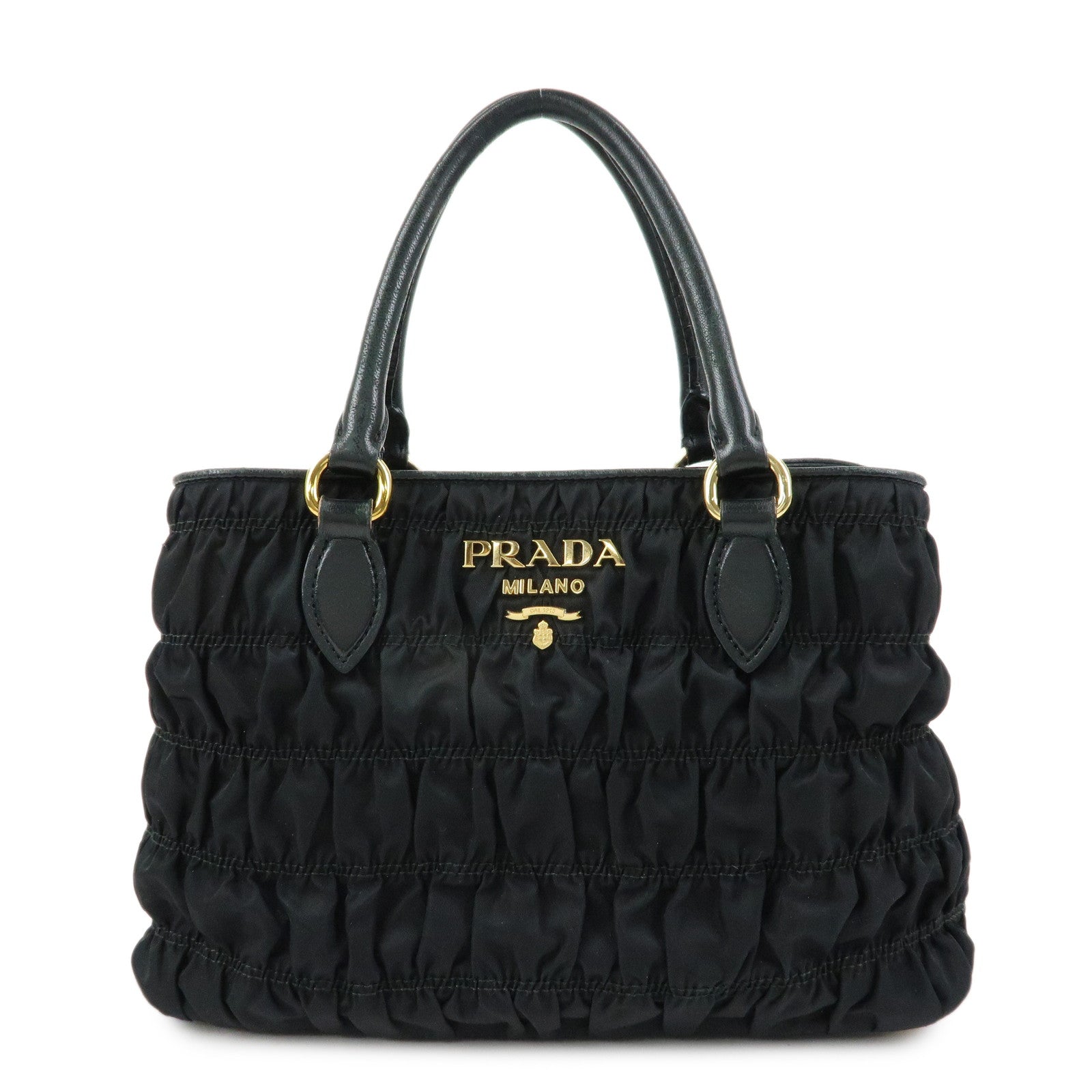 PRADA Nylon Leather Gathered Tote Bag Hand Bag Black