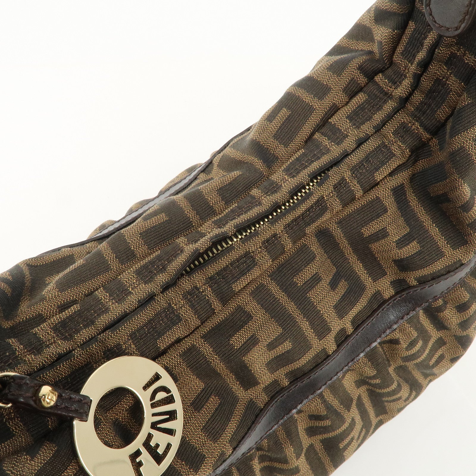 FENDI Zucca Canvas Leather Shoulder Bag Hand Bag Black Brown 8BR448