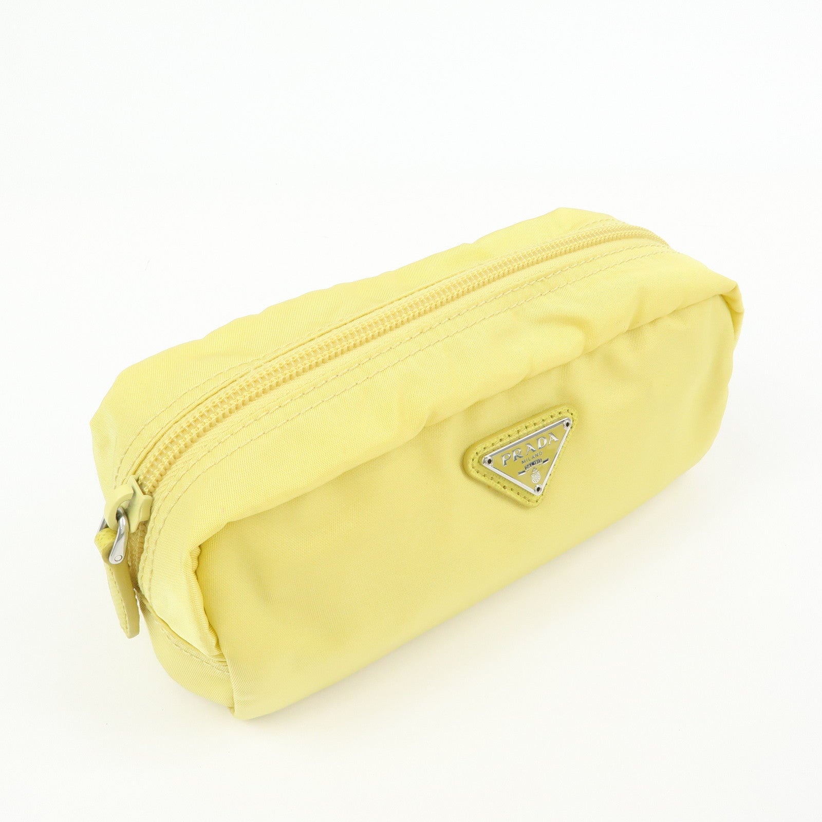PRADA Triangle Logo Nylon Saffiano Leather Cosmetic Pouch Yellow