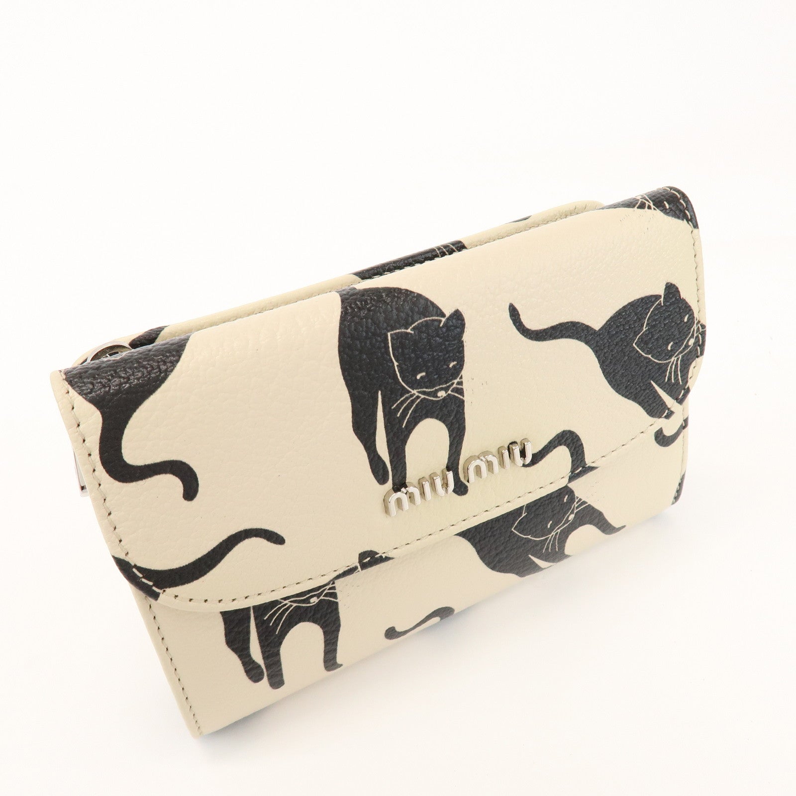 MIU MIU Leather Bi-fold Compact Wallet Black Cat Ivory 5ML225