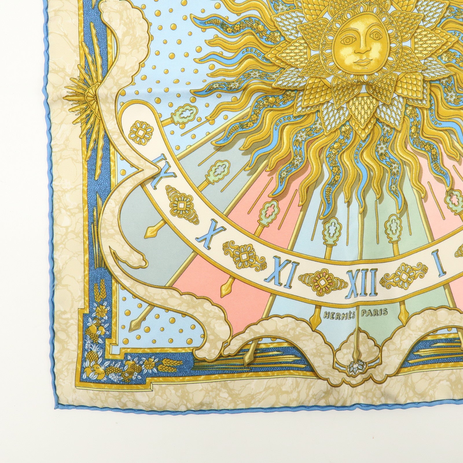HERMES Carre 40 Silk 100% GLORIA SOLI Scarf Light Blue Gold