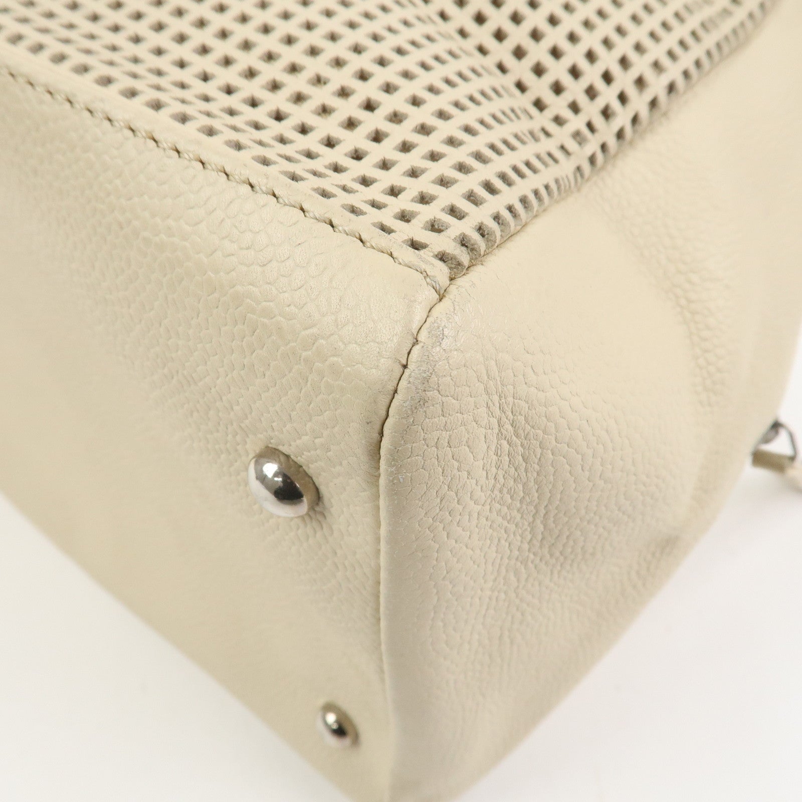 CHANEL Punching COCO Mark Caviarskin Hand Bag Beige