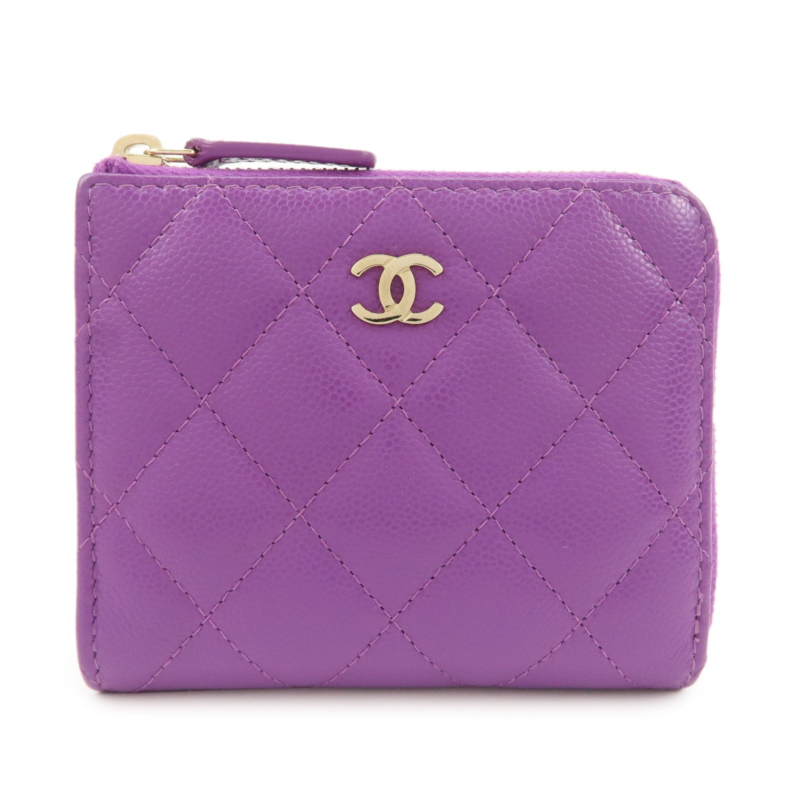 CHANEL Matelasse COCO Mark Caviar Skin Round Zippy Coin Purse Purple Used