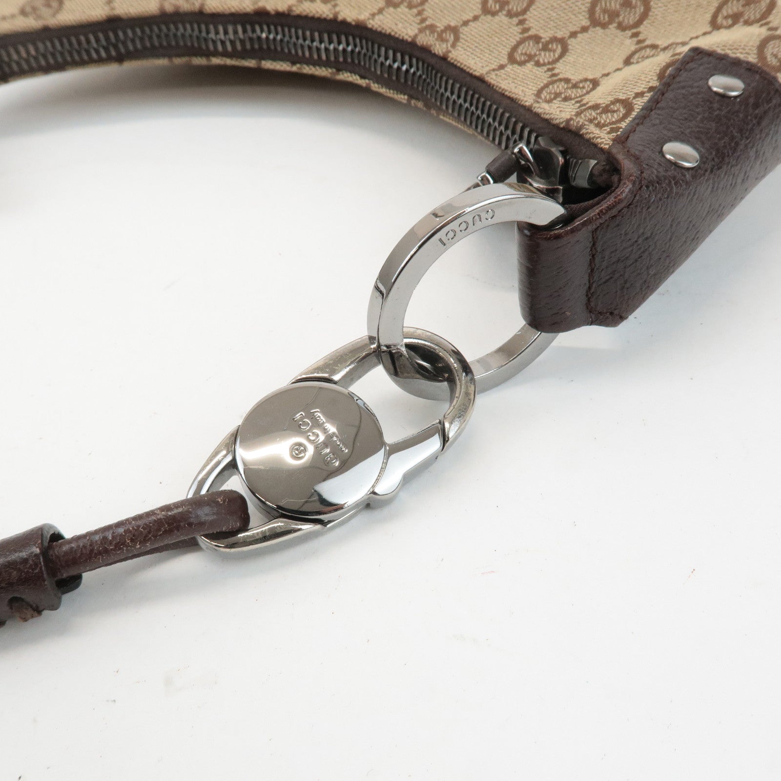 GUCCI GG Canvas Leather Shoulder Bag Hand Bag Beige Dark Brown 115002 Used