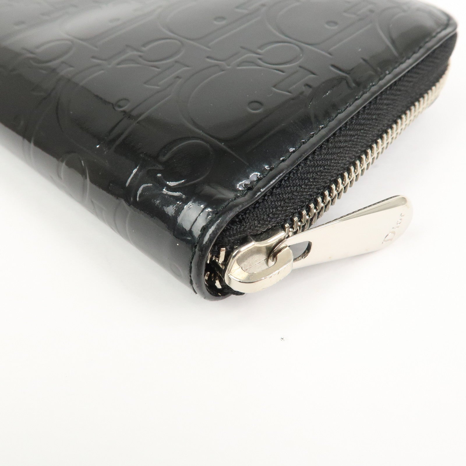 Christian Dior Trotter Patent Leather Round Zippy Long Wallet Black