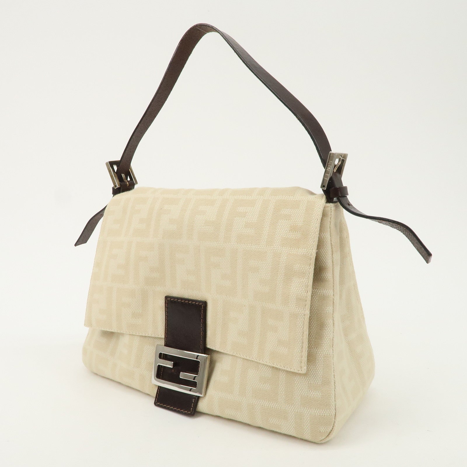 FENDI Mamma Baguette Zucca Canvas Shoulder Bag Beige 26325 Used