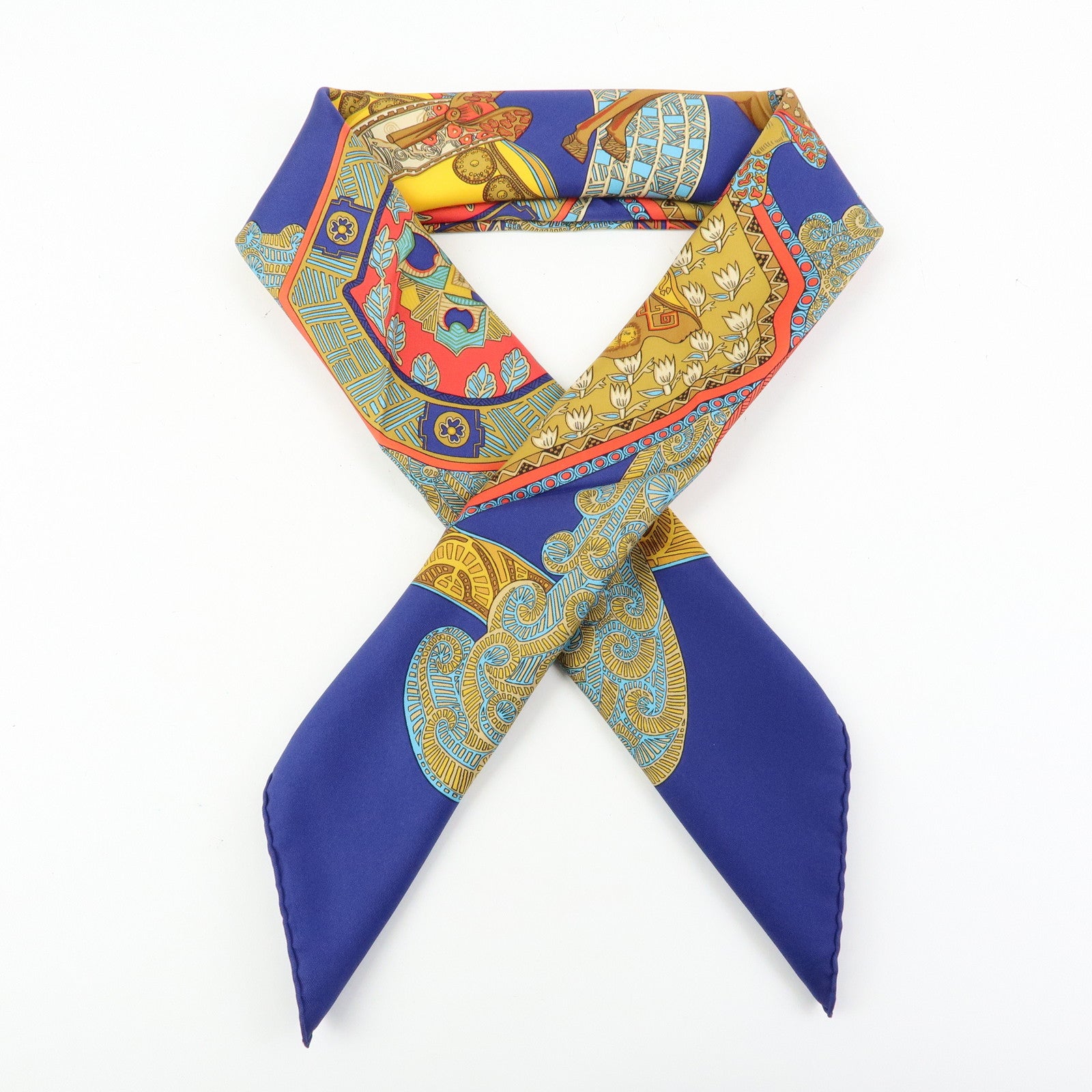 HERMES Carre 90 Silk 100% Scarf ART des STEPPES Horse Print Navy
