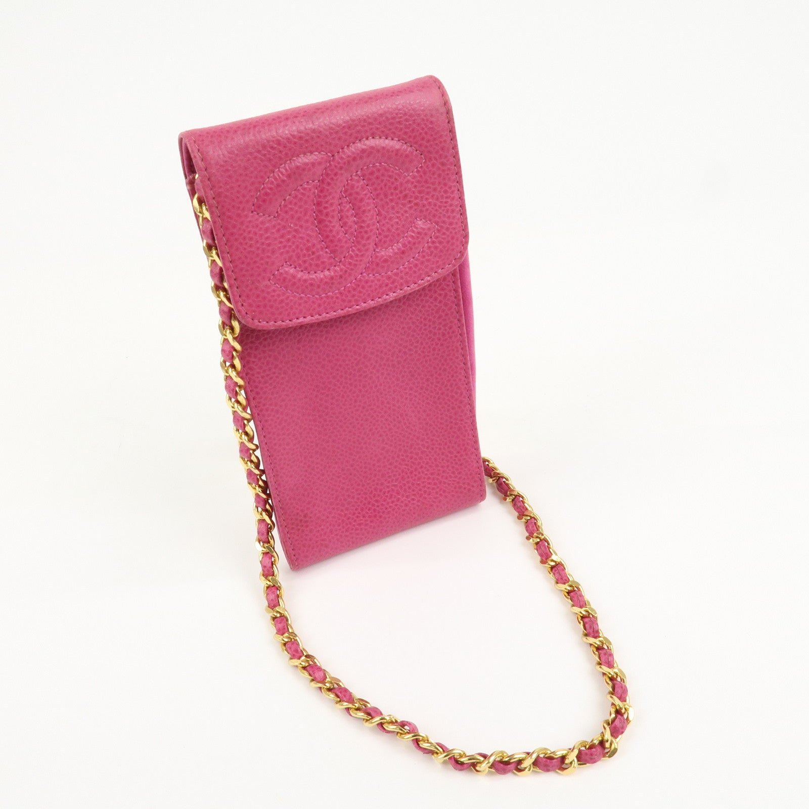 CHANEL COCO Mark Caviarskin Leather Chain Cell Phone Case Pink