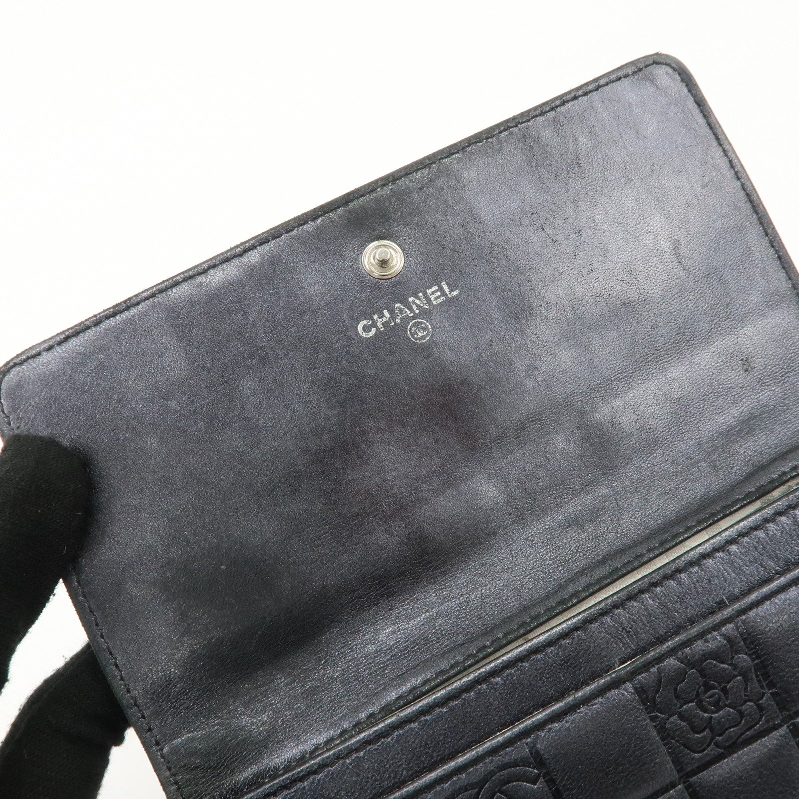 CHANEL Icon Line COCO Mark Lamb Skin Bi-fold Wallet Black Used