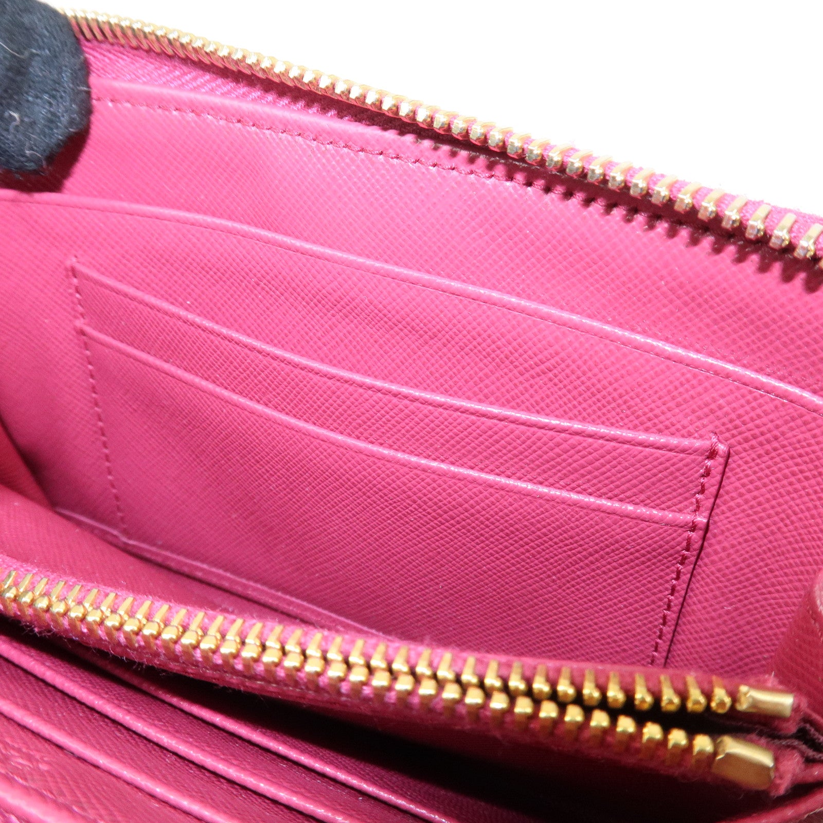 PRADA Logo Leather Round Zippy Wallet Pink Gold Hardware Used