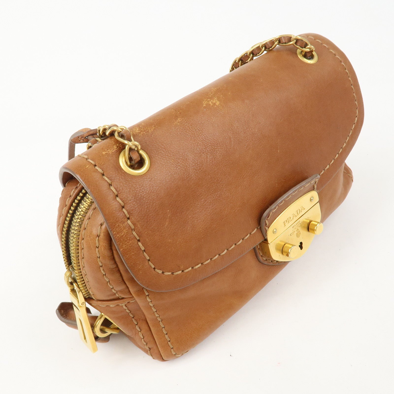 PRADA Logo Leather Chain Shoulder Bag Crossbody Bag Camel