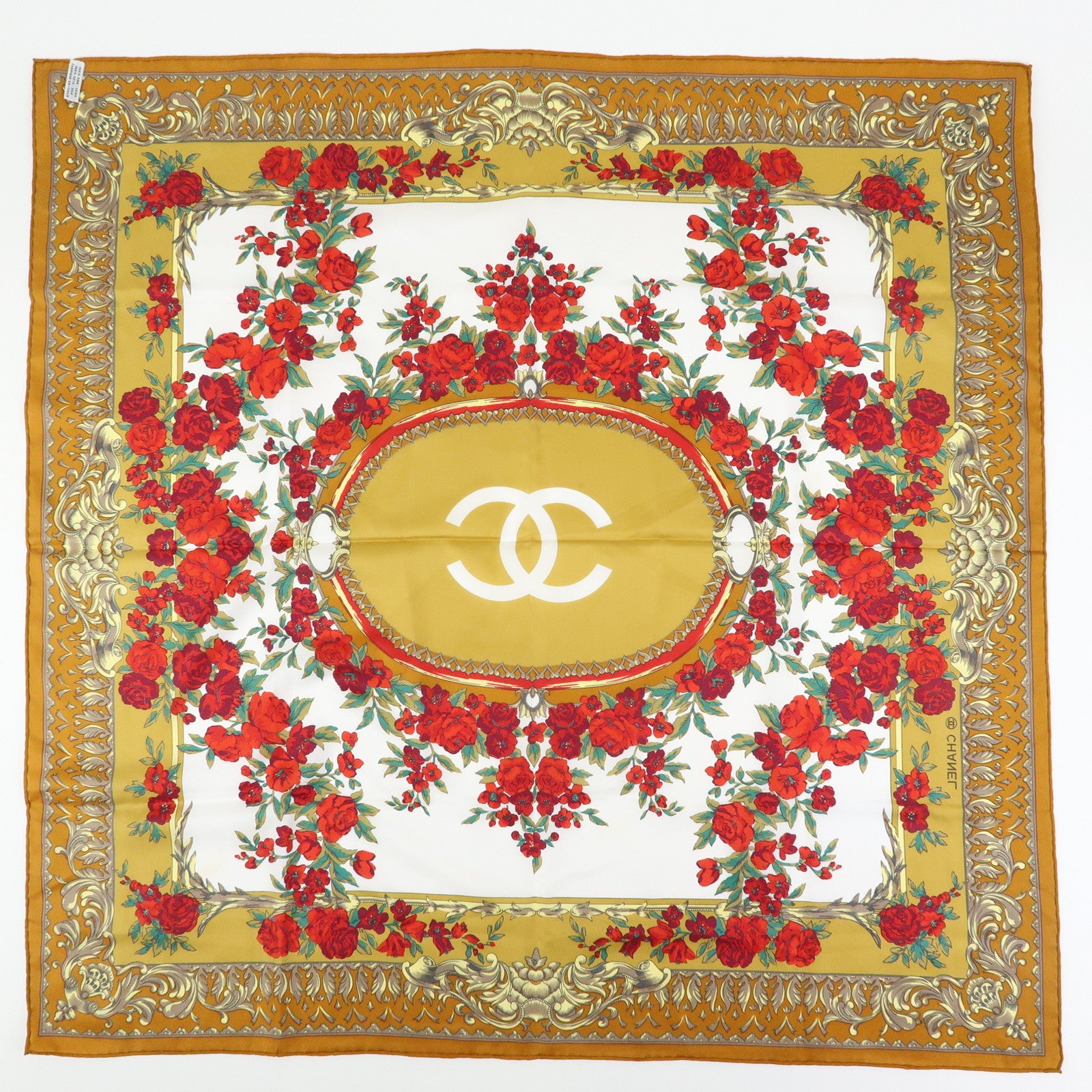 CHANEL Silk 100% Scarf COCO Mark Flower Motif Gold Red