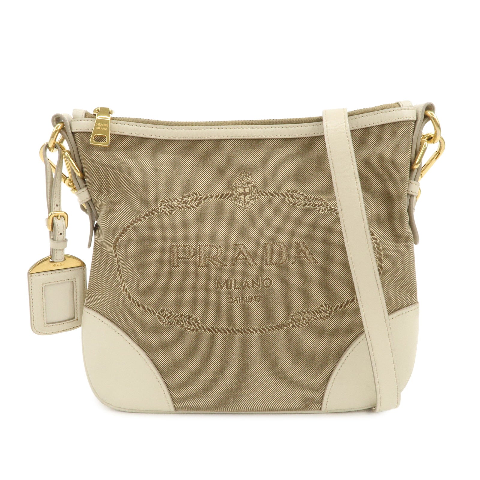 PRADA Logo Jacquard Shoulder Bag Crossbody Bag Beige Ivory BT867A
