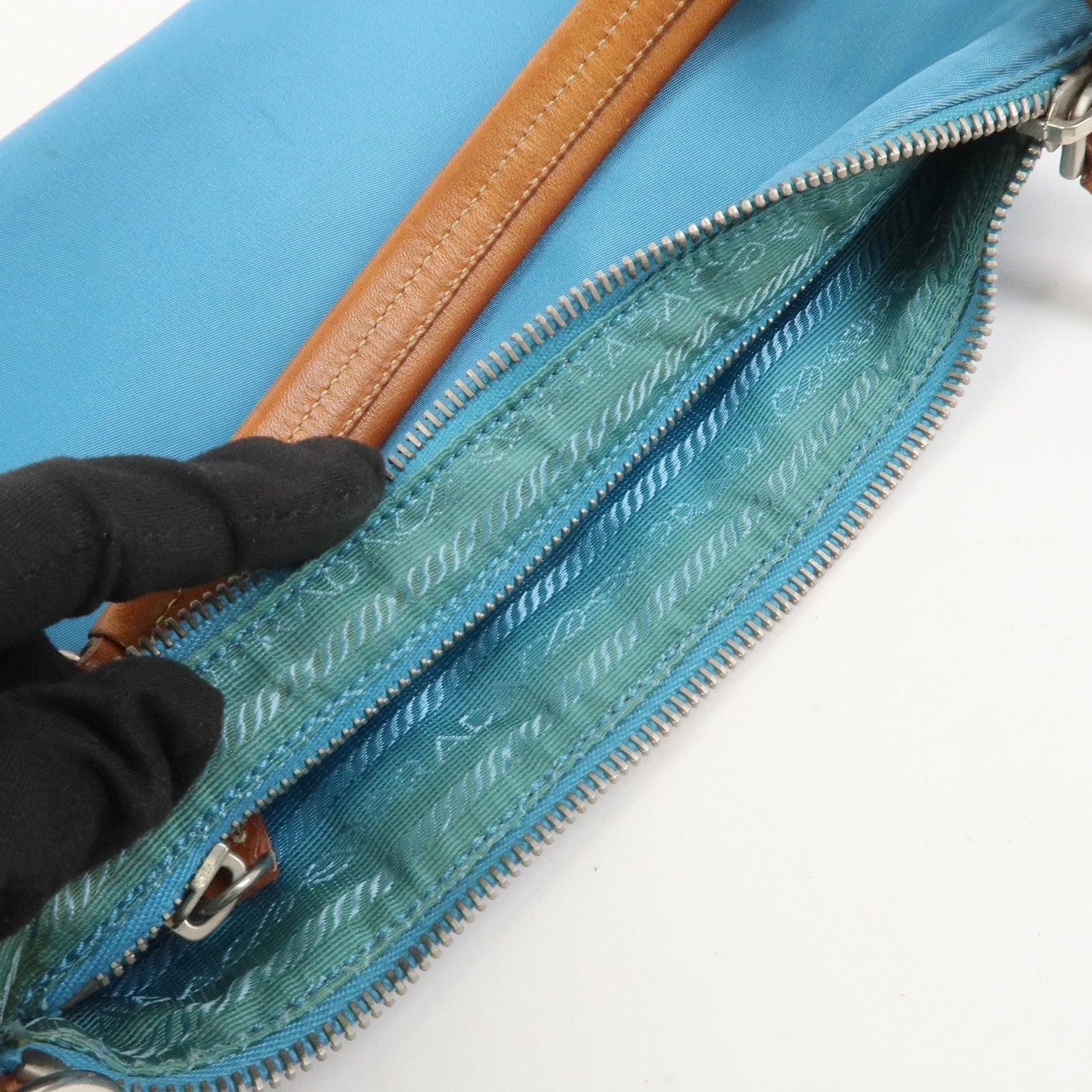 PRADA Triangle Logo Nylon Leather Shoulder Bag Blue Brown BR2205