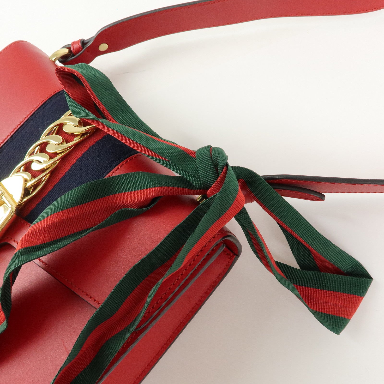GUCCI Sylvie Sherry Leather Shoulder Bag Ribbon Red Navy 421882