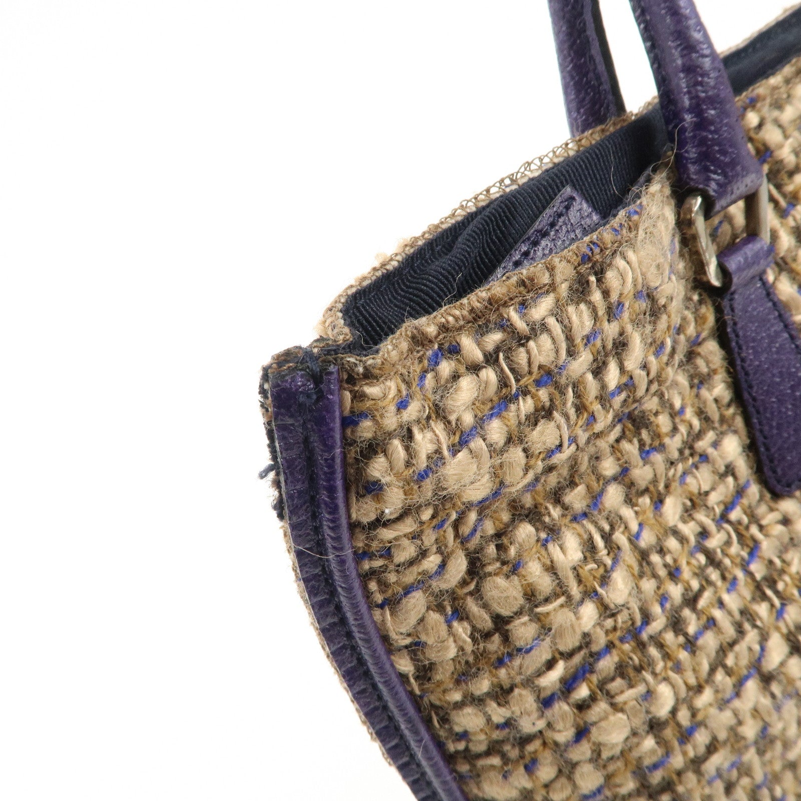 PRADA Triangle Logo Tweed Leather Tote Bag Purple Beige B11261 Used