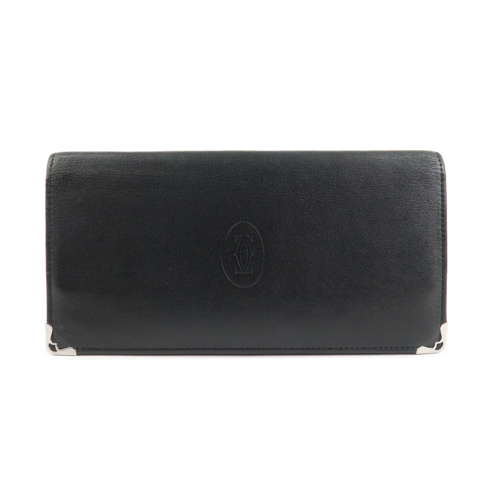 Cartier Leather Bi-fold Long Wallet Silver HDW Black Bordeaux Used