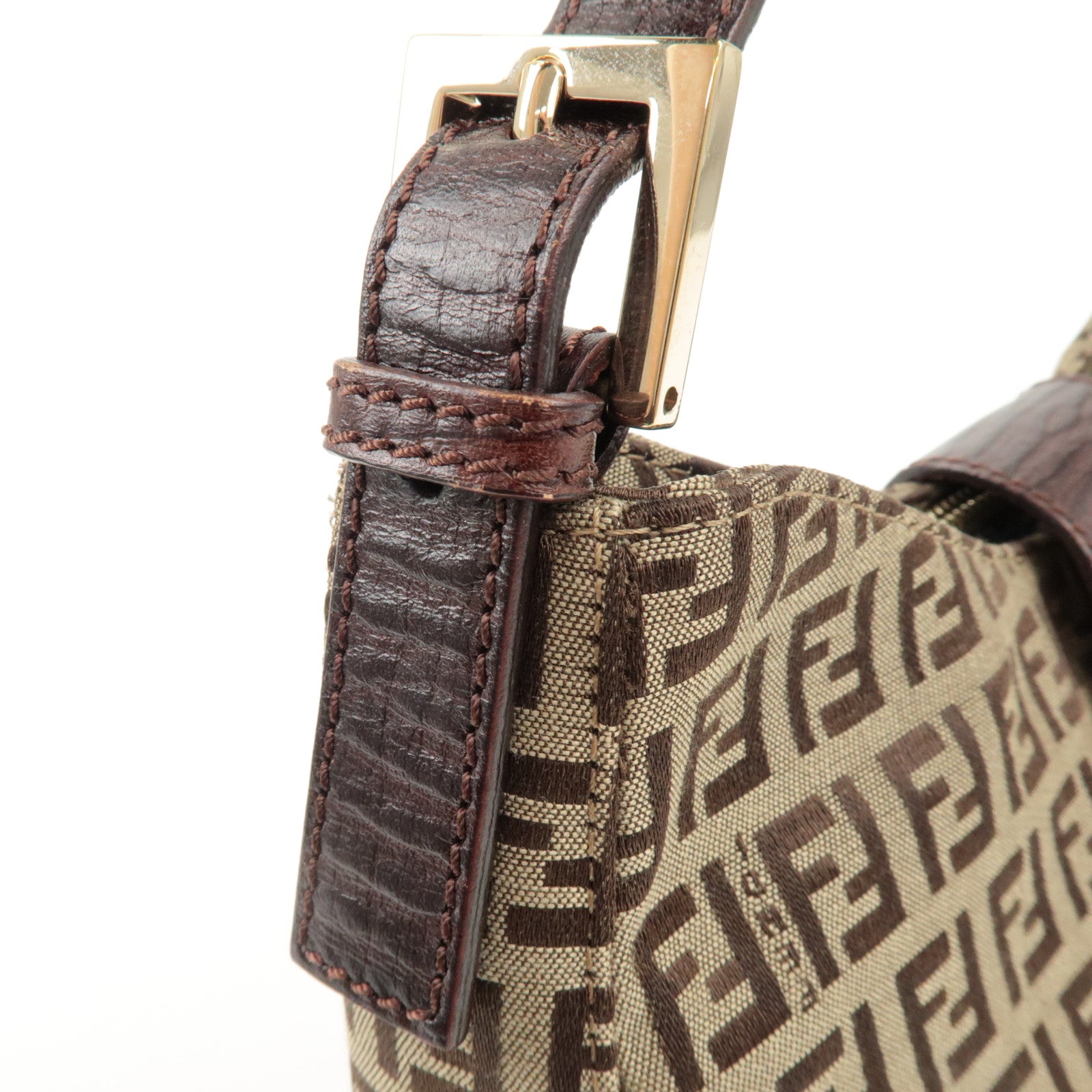 FENDI Zucchino Canvas Leather Shoulder Bag Beige Brown 8BR036 Used