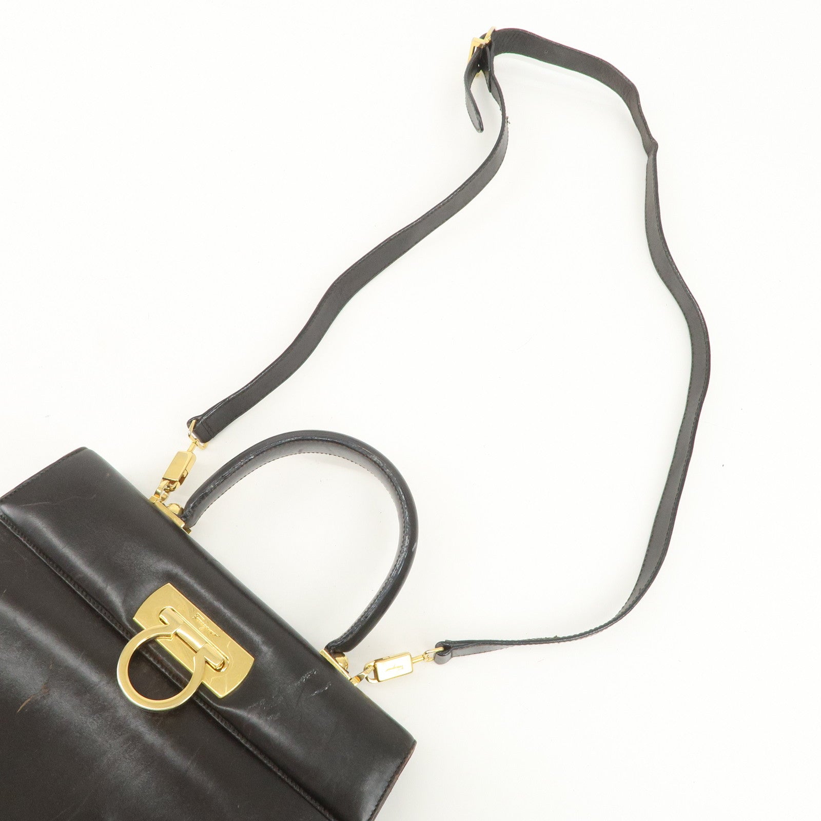 Ferragamo Gancini Leather 2Way Hand Bag Shoulder Bag Brown