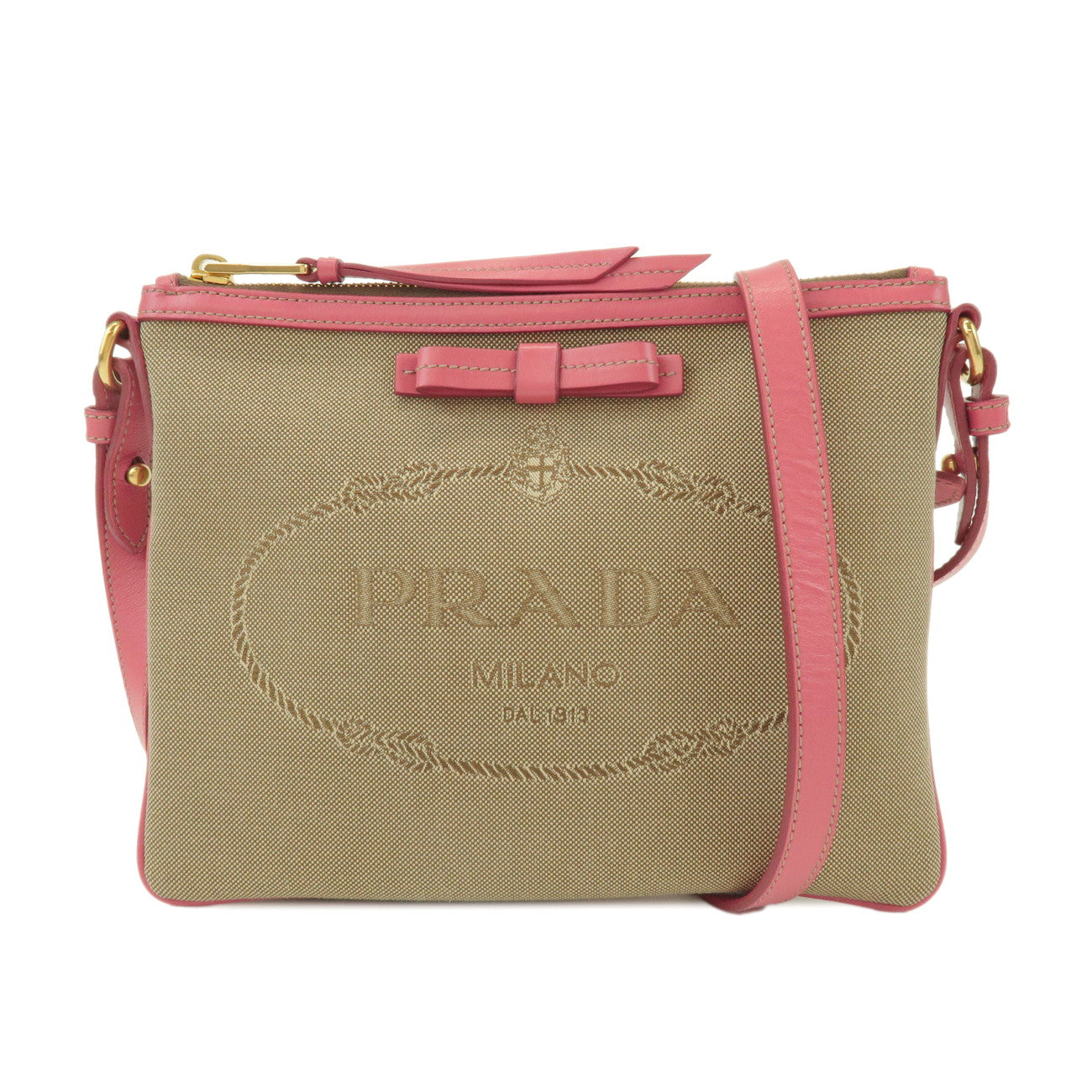 PRADA Logo Jacquard Leather Ribbon Shoulder Bag Beige Pink