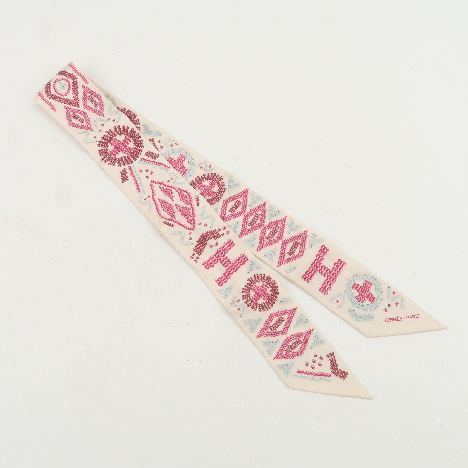 HERMES Twilly Silk 100% KELLY EN PERLES Scarf Ivory Pink