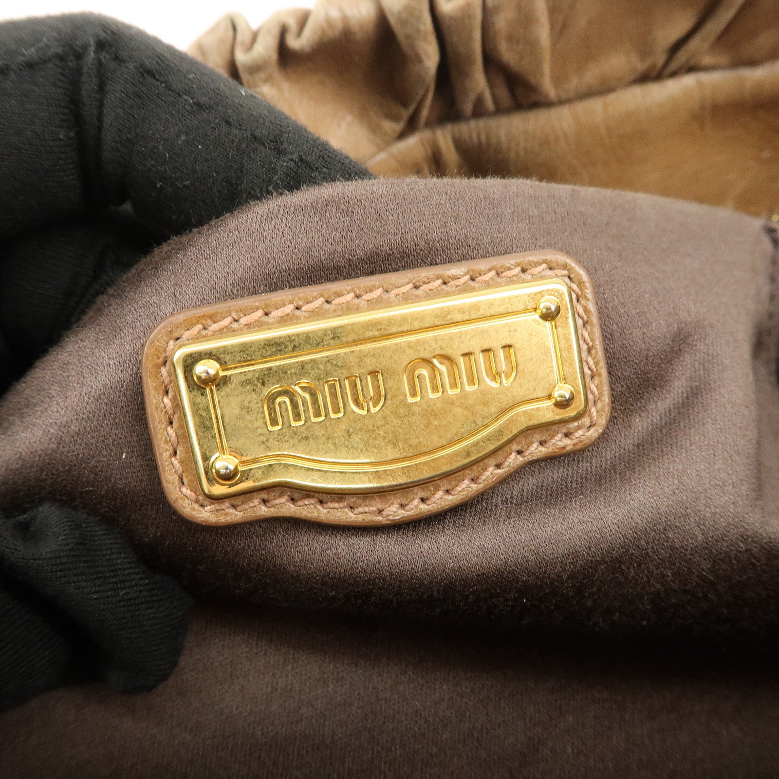 MIU MIU Leather 2Way Gathered Hand Bag Shoulder Bag Brown RT0383