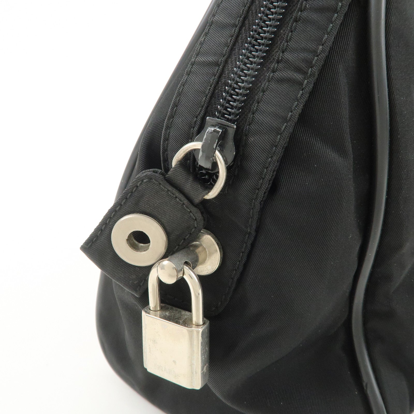 PRADA Triangle Logo Nylon Leather Hand Bag Boston Bag Black