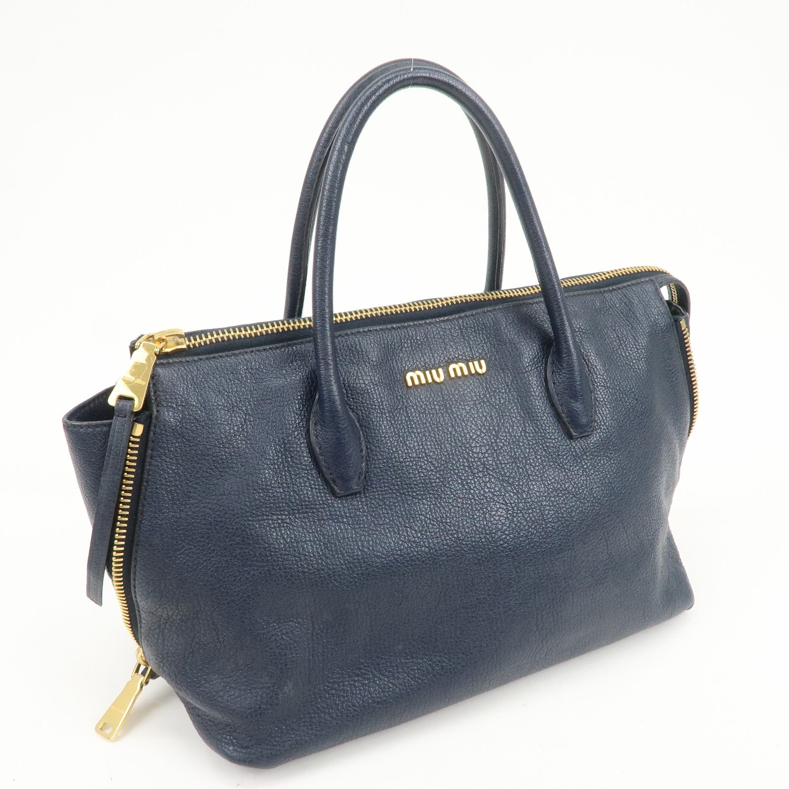 MIU MIU Madras Leather 2WAY Bag Hand Bag Shoulder Bag Navy RN1016