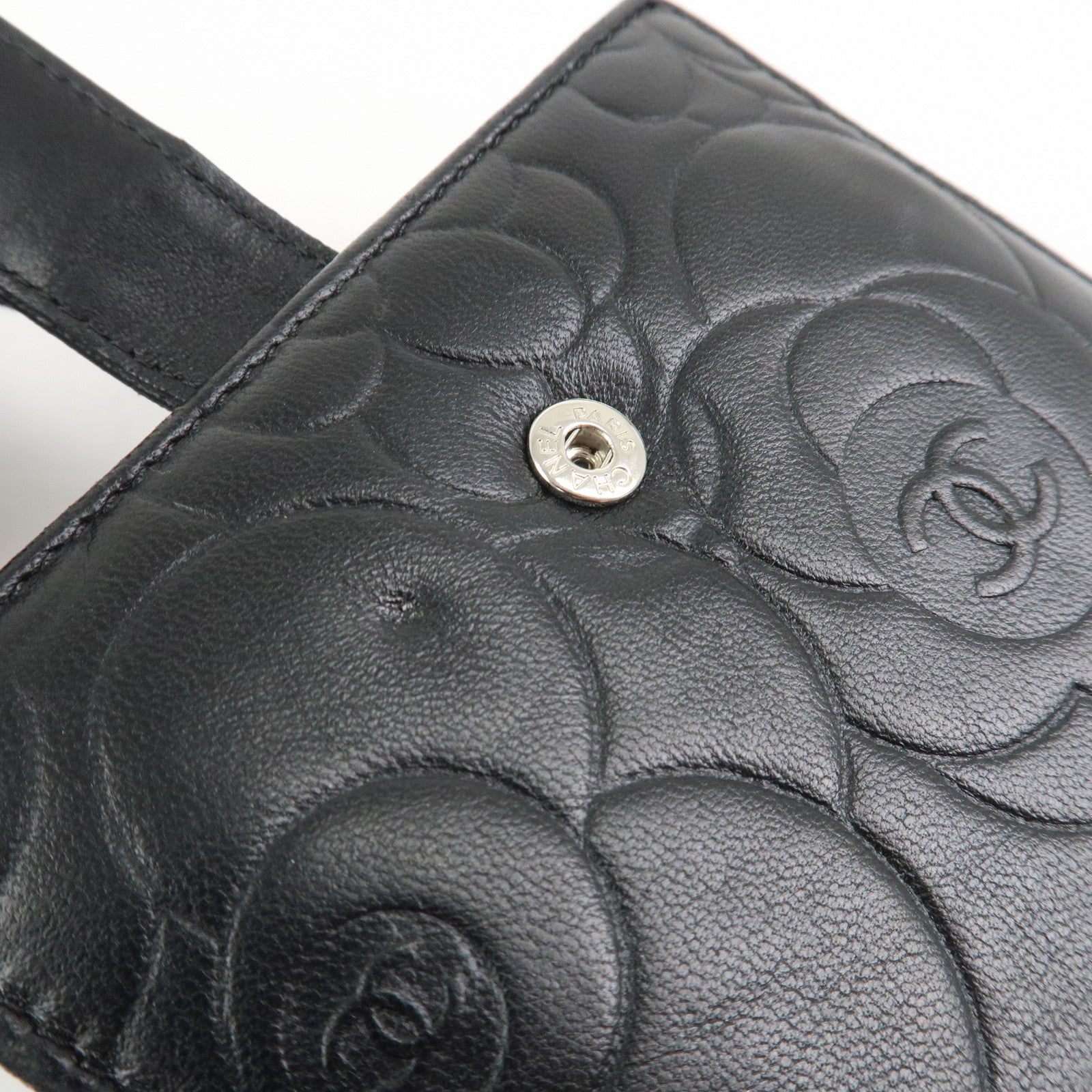 CHANEL Camellia COCO Mark Lamb Skin Compact Wallet Black