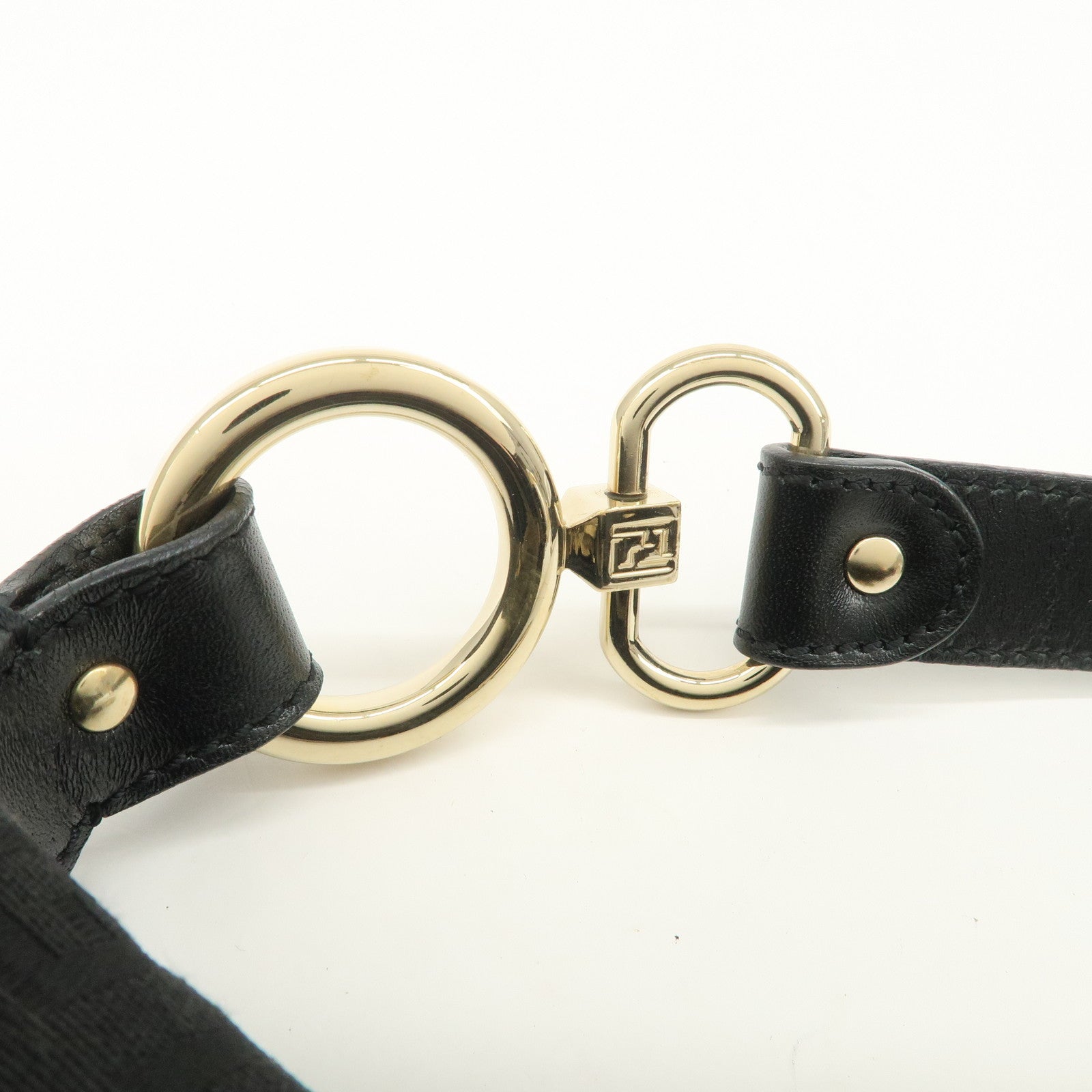 FENDI Zucchino Canvas Leather Logo Charm Shoulder Bag Black 8BR464