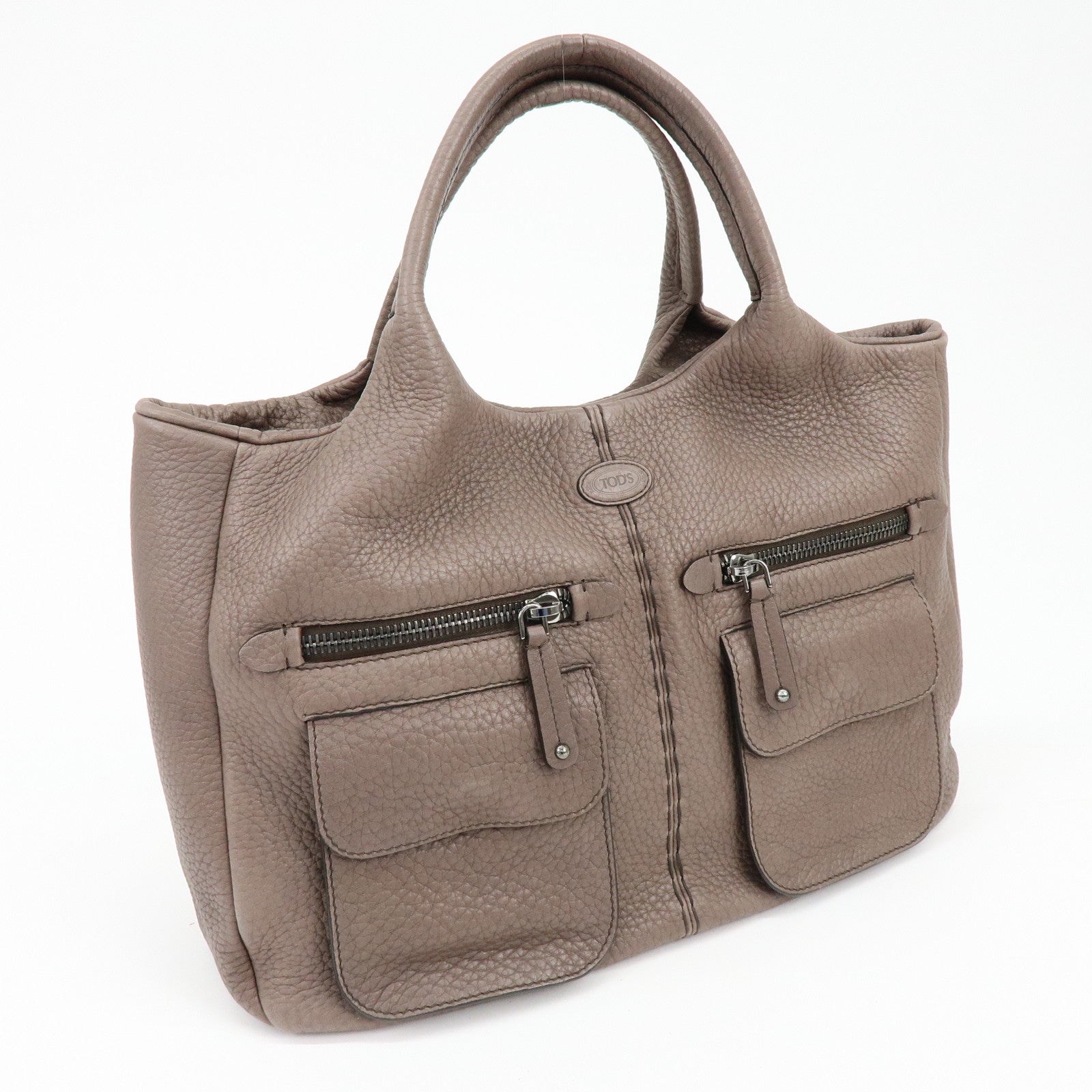 TOD'S Logo Leather Tote Bag Hand Bag Shoulder Bag Greige