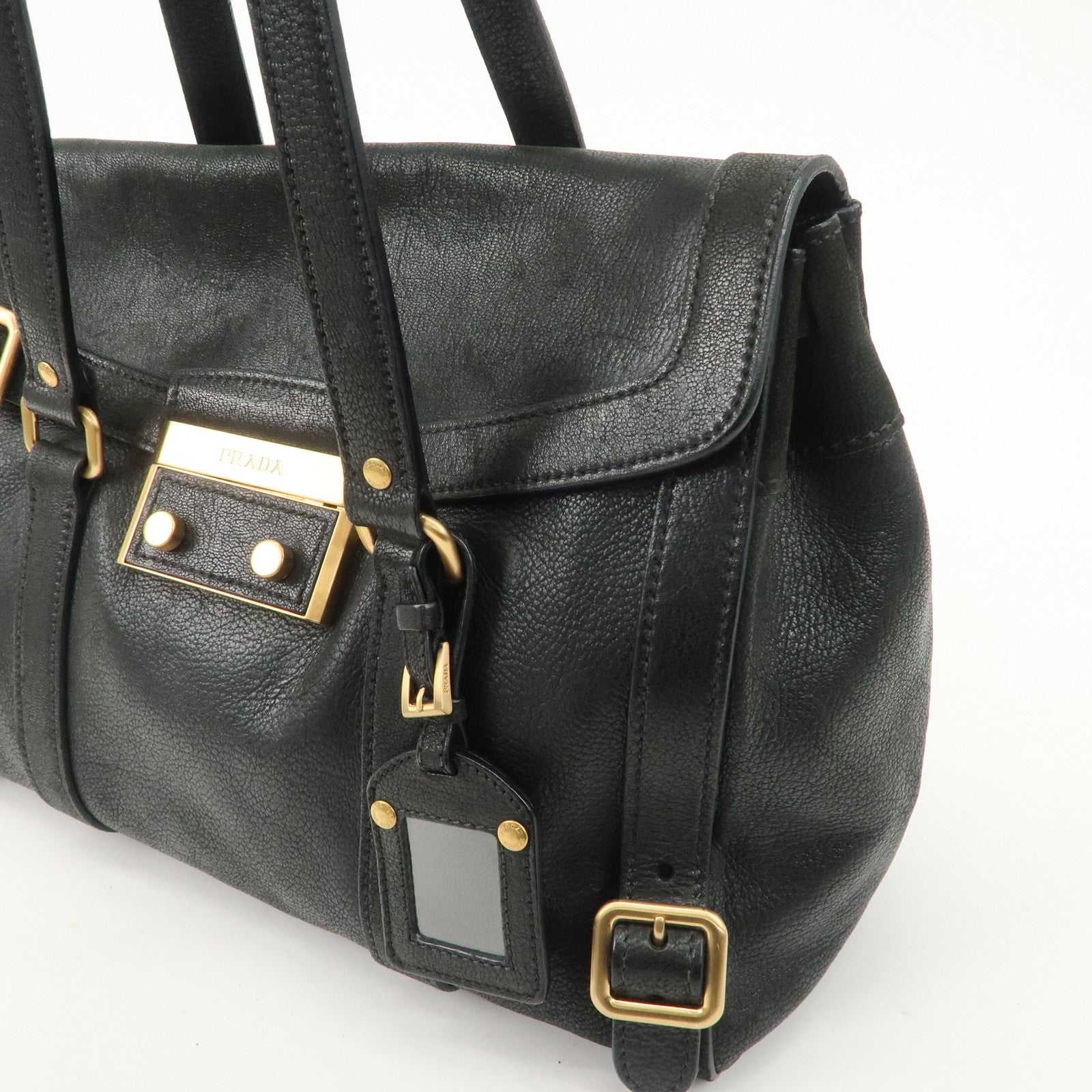 PRADA Leather Shoulder Bag Hand Bag Black BR3027 Used