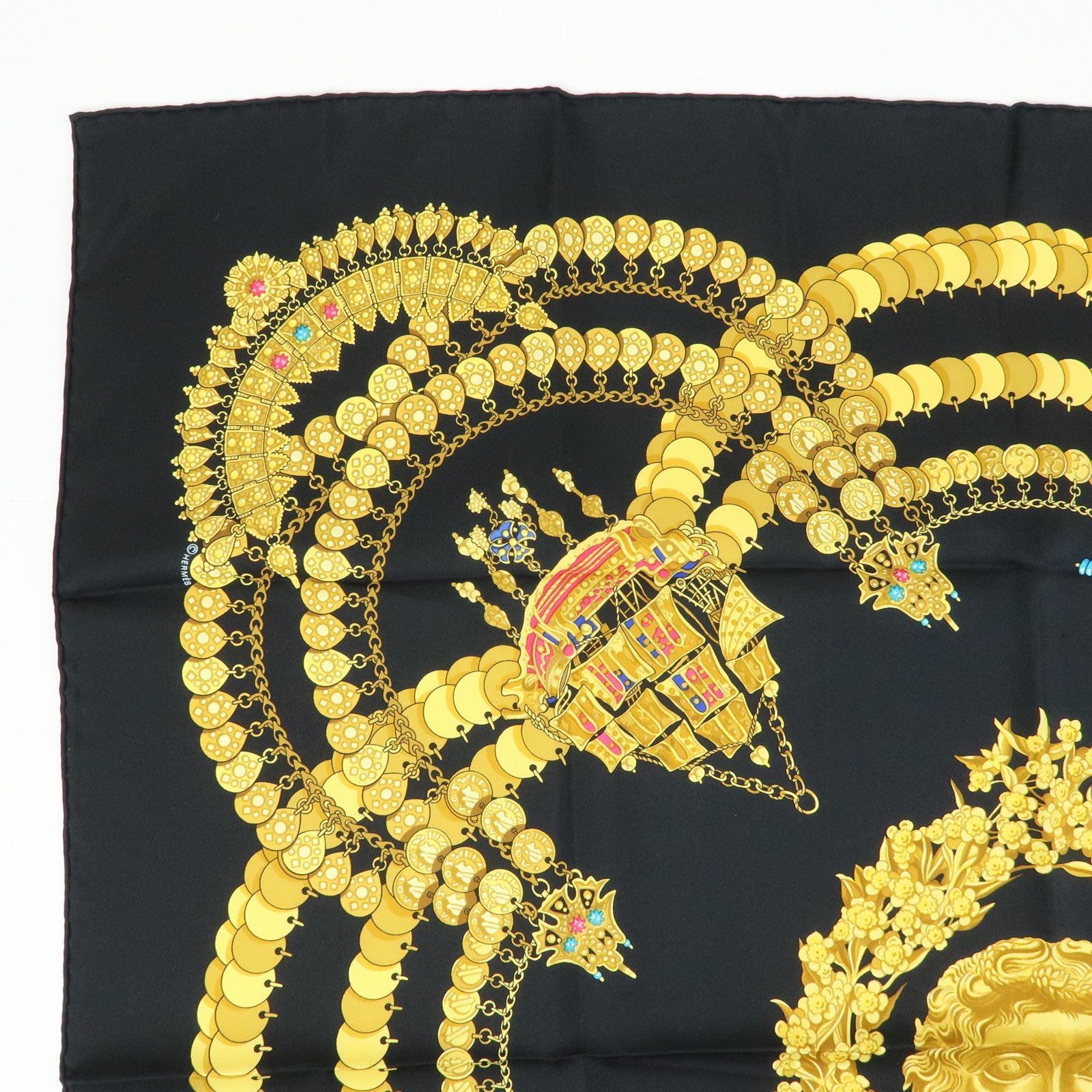 HERMES Carre 90 Silk 100 % Scarf KOSMIMA Black Yellow