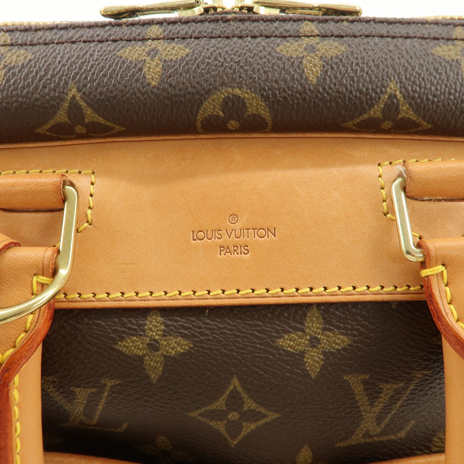 Louis Vuitton Leather Canvas Monogram Deauville Hand Bag Boston Bag Brown Gold Hardware M47270 Used