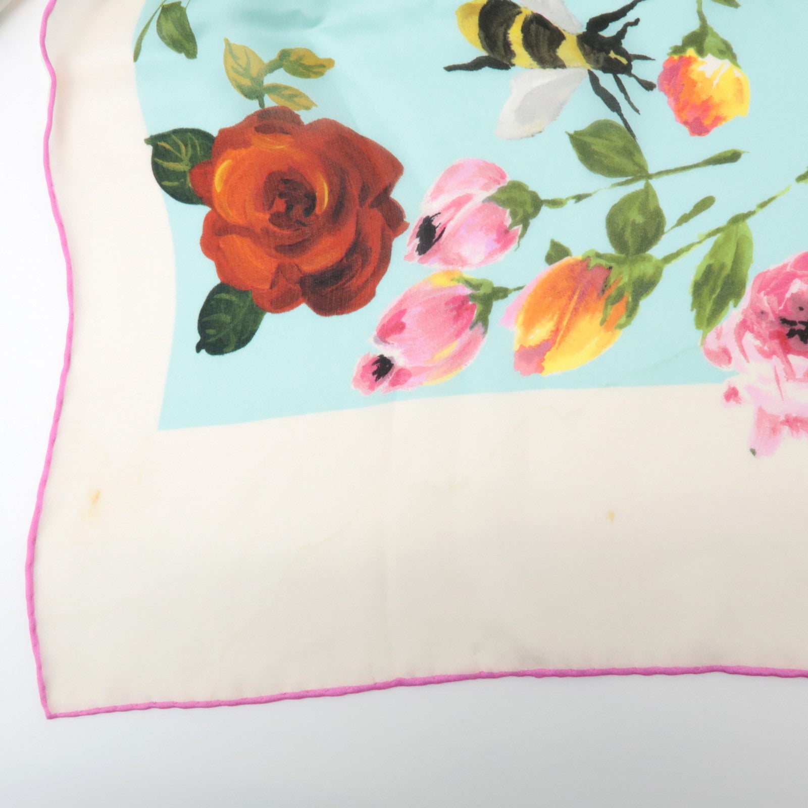 GUCCI Silk 100% 64 ×192 Floral Honey Bee Print Scarf Blue