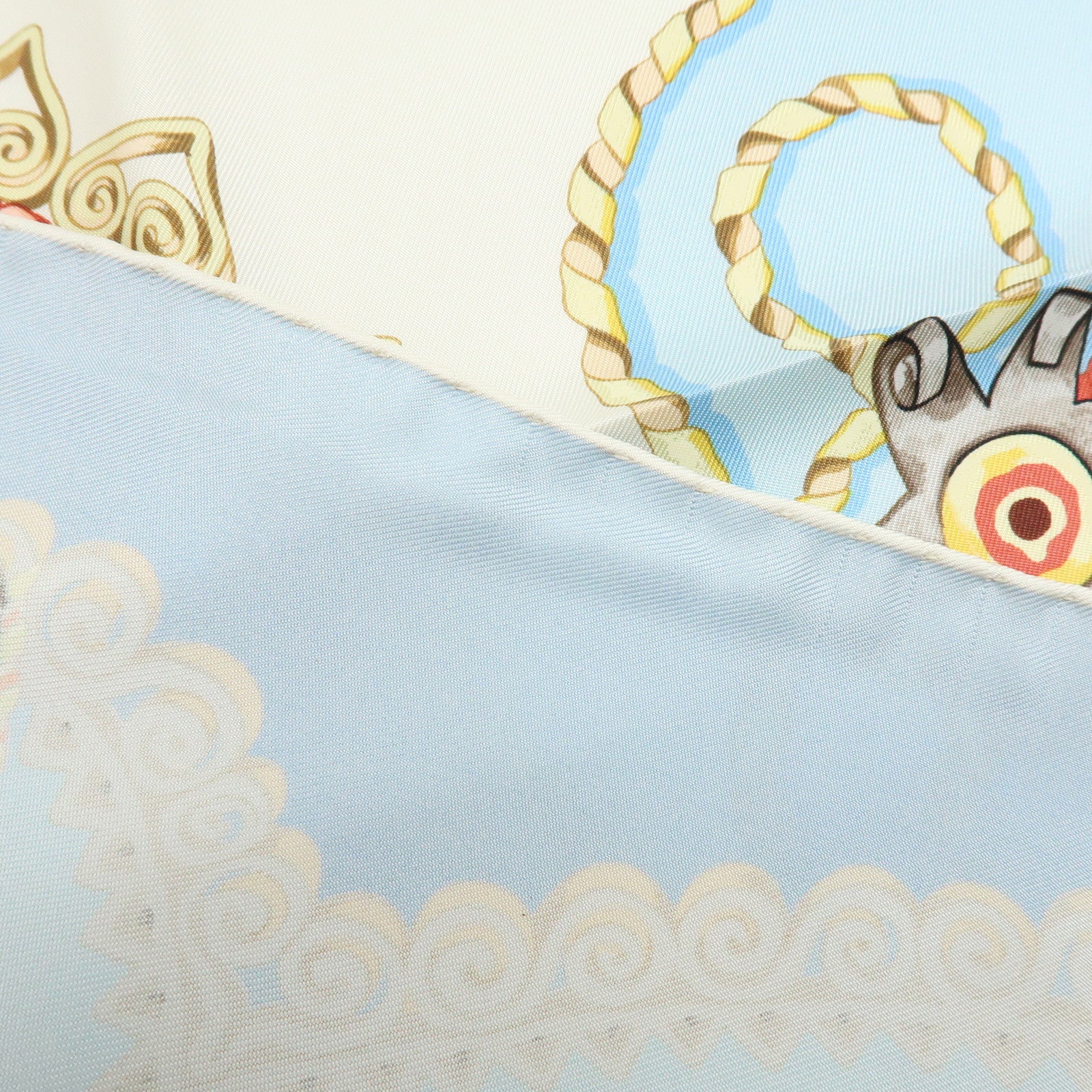 HERMES Carre 90 Silk 100% Scarf PAPEROLLES Light Blue Ivory