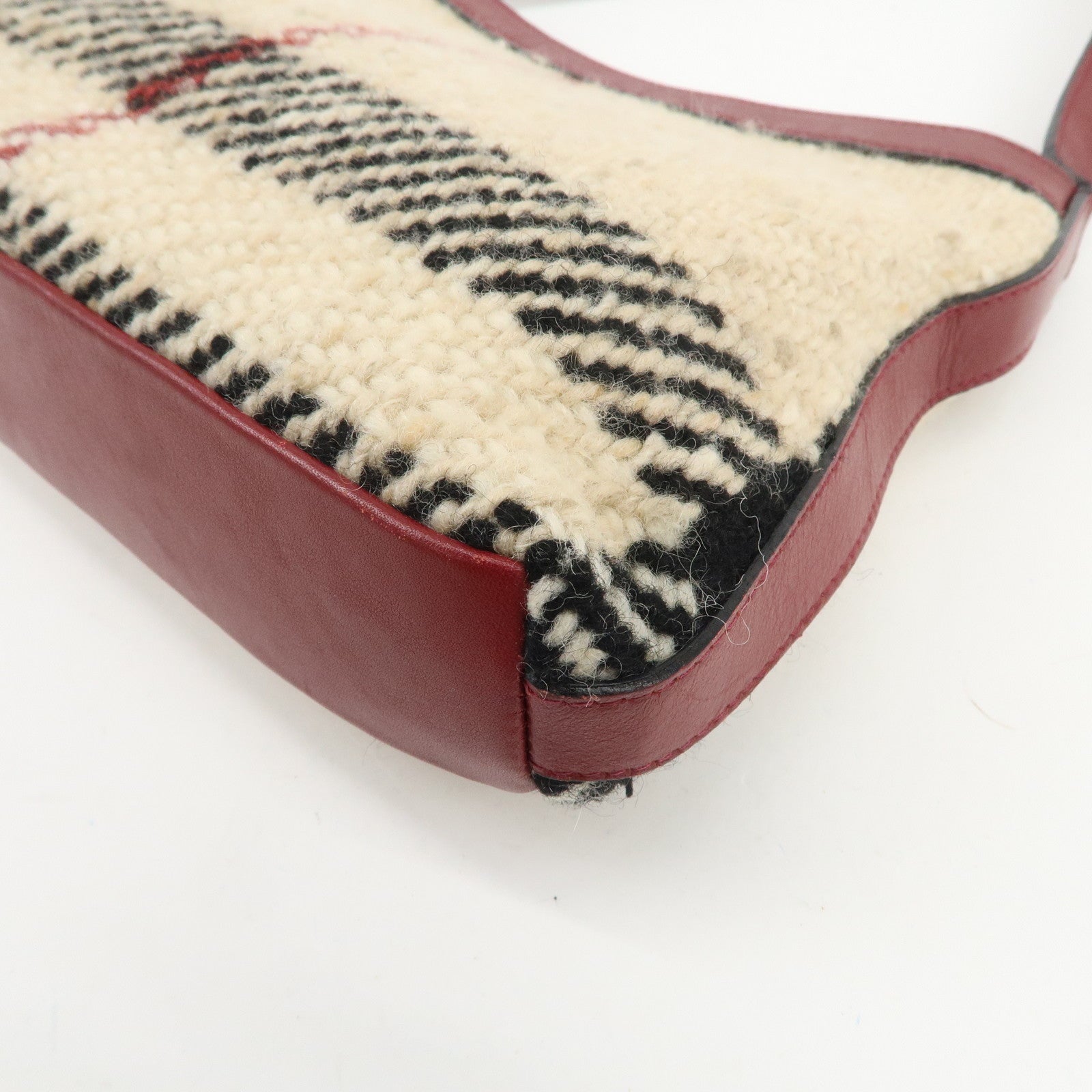 BURBERRY Wool Leather Hand Bag Plaid Wine Red Beige