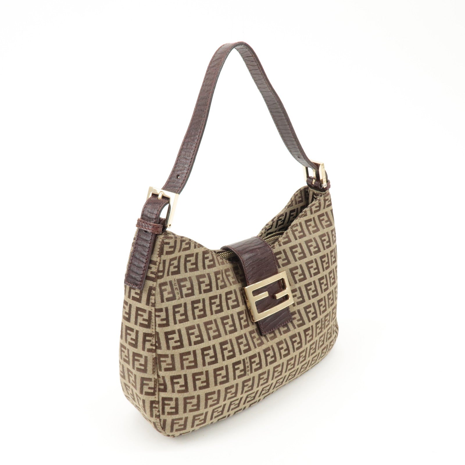 FENDI Zucchino Canvas Leather Shoulder Bag Beige Brown 8BR036 Used