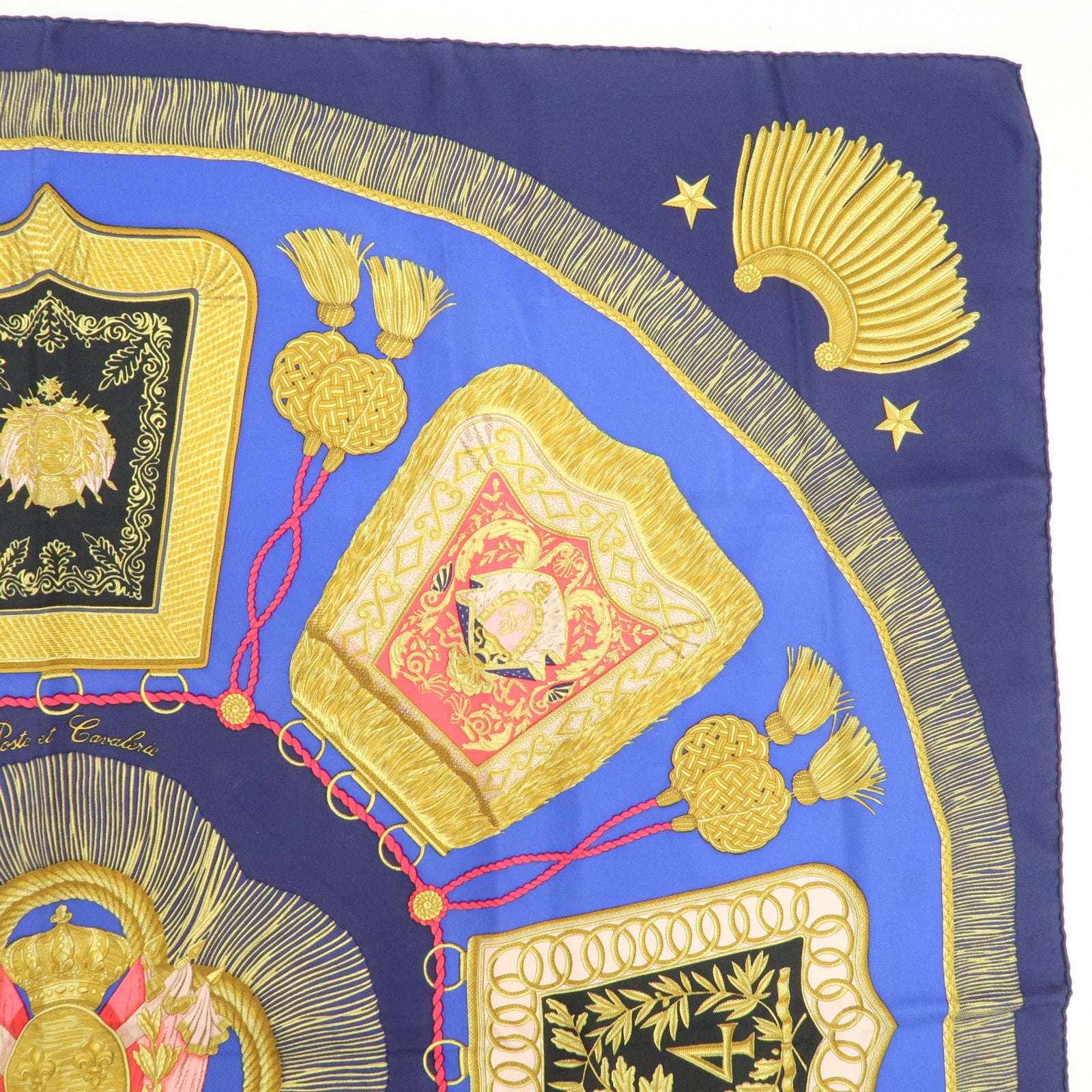 HERMES Carre 90 Silk 100% Paste et Bavalerie Scarf Blue Gold