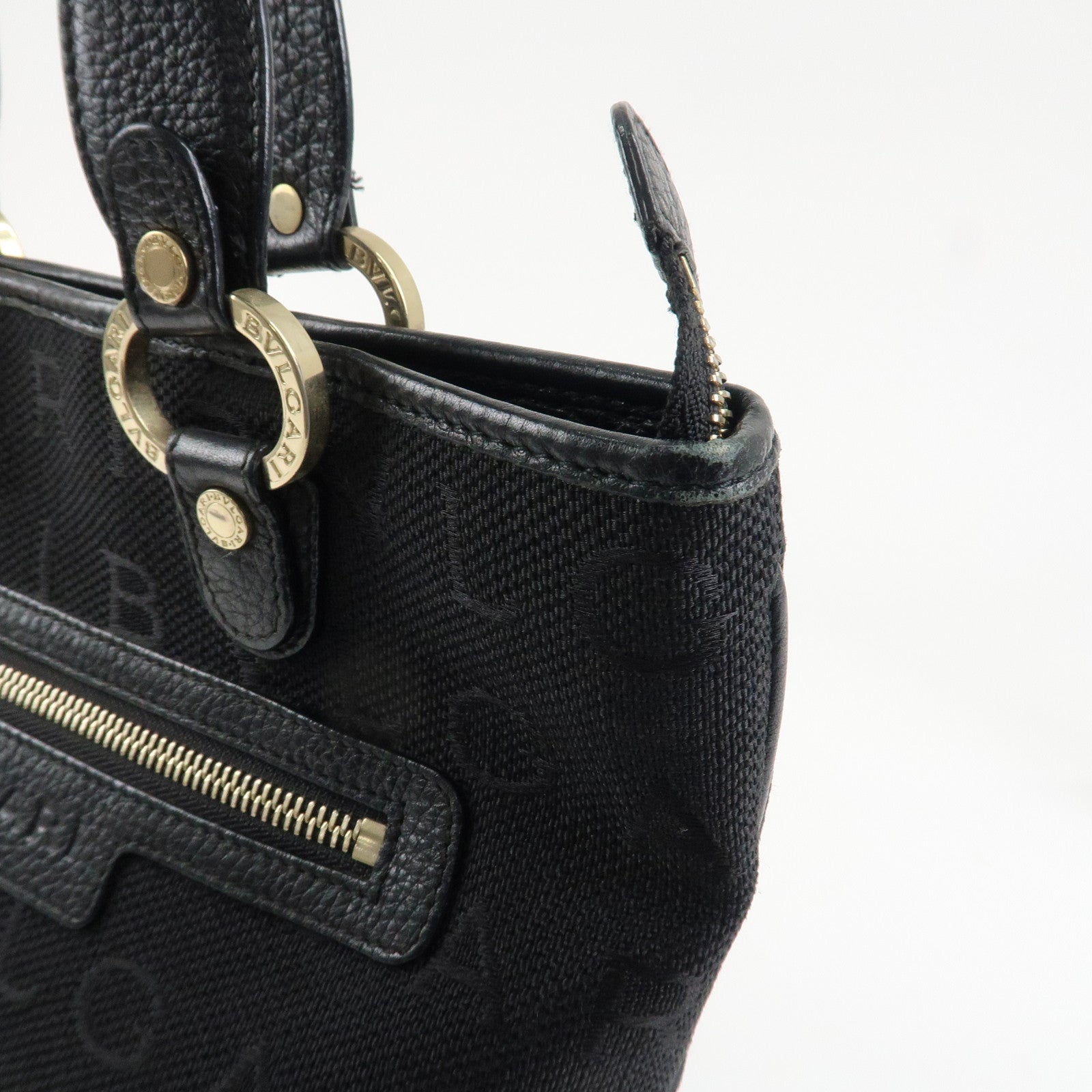 BVLGARI Logo Mania Leather Canvas Tote Bag Hand Bag Black Used